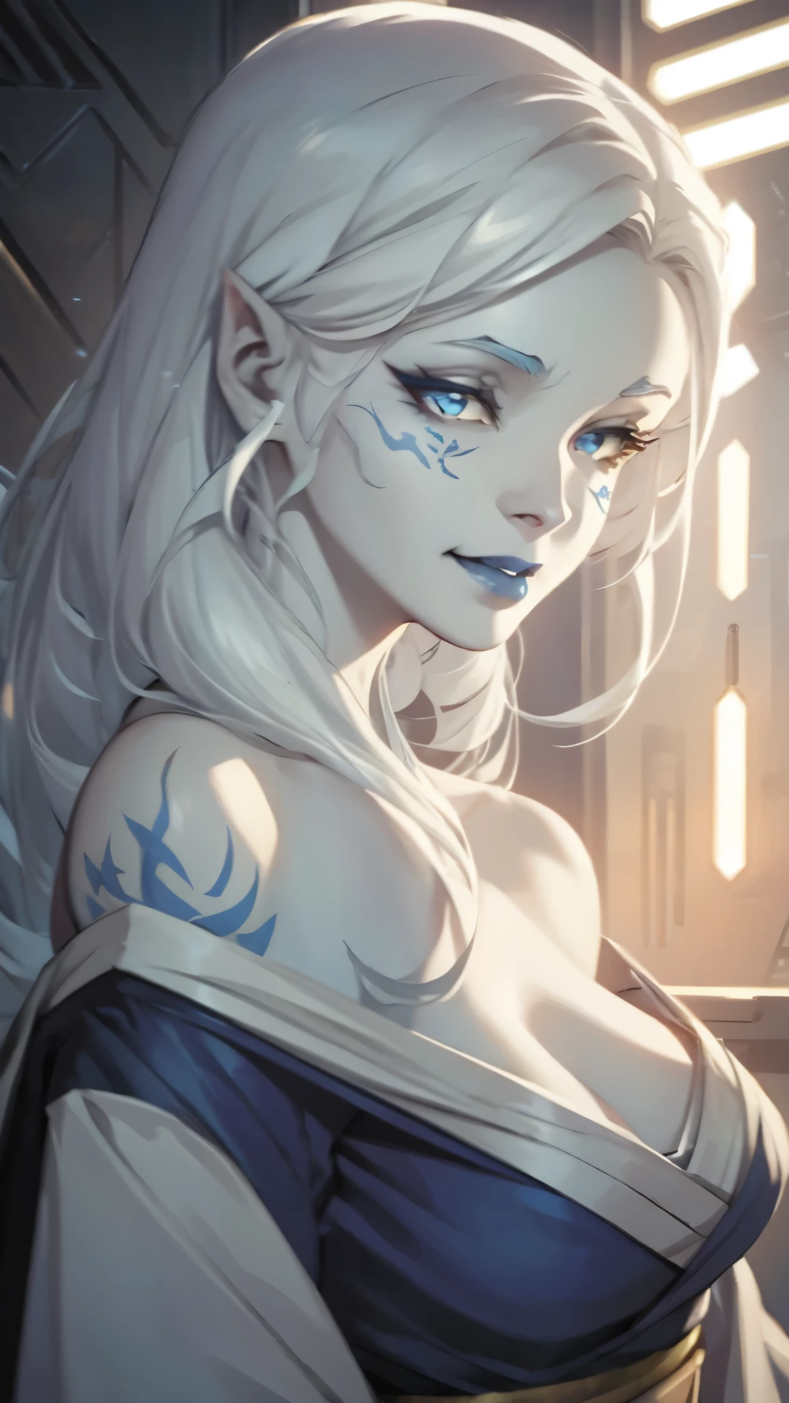 star wars, jarael, pale white skin, long white hair, ((blue lips)), smiling, kimono, off shoulder, cleavage, cheek tattoos