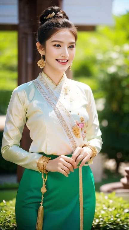 subject: Capture the essence of your bunny beauty concept: A high-resolution realistic portrait of a young woman that captures the elegance and charm of Tai Khun culture..
Detail Pictures:
intermediary: Young woman with a passionate smile, Her smile brightens her face.
clothing: Gorgeous Tong Tai Khun Native Costume, Meticulous display in every detail. Vibrant Fabric, INTRICATE EMBROIDERY, and glittering gold bracelets, necklace, And the earrings add a layer of luxury..
Hair style: Beautiful loose bread decorated with freshness, Flowers of local origin, Secure it with delicate gold pins..
decorations: Emphasizing the cultural significance of each piece – elegant earrings are a symbol of prosperity., layered necklace representing family ties, And an exquisite patterned bracelet that represents the artistic heritage..
stance: Confident and balanced, Standing in full view with the backdrop of an ancient pagkam temple.
background: The beautiful Bagan temples are bathed in the soft hues of dawn or dusk., Gather the spiritual and historical essence of Myanmar.
Technical specifications:
resolution: 4K (Or higher) For clarity and excellent detail.
light: Soft and natural, เน้นย้ำถึงคุณลักษณะของผู้หญิงและพื้นผิวที่ซับซ้อนของclothing.
depth of field: ระยะชัดลึกที่ตื้นเพื่อดึงโฟกัสไปที่ผู้หญิงและเบลอbackground, Generate closeness and greatness.
Additional Notes:
ลองผสมผสานความไม่สมบูรณ์เล็กๆ น้อยๆ เข้ากับclothingและdecorationsเพื่อเพิ่มความสมจริงและความถูกต้องทางประวัติศาสตร์.
Make sure that the face is consistent with the Tai Khun ethnic features while still maintaining an overall sense of beauty and individuality..
Capture subtle emotional differences in a woman's smile., Indicates a sense of pride and cultural connection.
The overall vision: Create stunning and culturally sensitive portraits that celebrate the rich heritage and mesmerizing beauty of Tai Khun women..