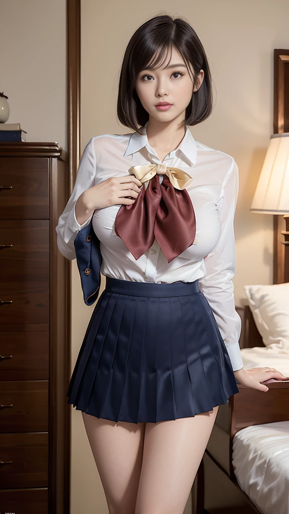 ((Beautiful images from head to toe)), ((Standing)), ((High  girl)), ((High School uniform)), ((navy pleated skirt)), ((White blouse)), ((sexy lingerie)), A lot of light grains, (Fantastic scenery), born, masterpiece, Ultra-fine photography,, 最high quality, Ultra-high resolution, Realistic, Full body portrait,((Bob Cut Hair)),(Stunningly beautiful woman), ((Golden ratio of the face)), ((30 years old)), Dynamic pose, Delicate face, bornきbornきとした目,Highly detailed background, Detailed face, Detailed busy background, nice, High definition skin, Realistic skin details,8K,Digital single-lens reflex camera, high quality,Photorealism,View from below,NSFW,(最high quality, 8K, masterpiece: 1.3),Ultra-high resolution,Shot with Canon EOS R 6, One Woman,Perfect anatomy,(Perfect anatomical toes),((Big Breasts)), ((Glamorous body)), ((Lewd pose)), ((Wearing a sexy)), Dark brown hair: 1.1, Ultra detailed face, Detailed lips, Almond-shaped eyes, double eyelid,Beautiful Japanese Woman, Beautiful Japanese lady, Charm,