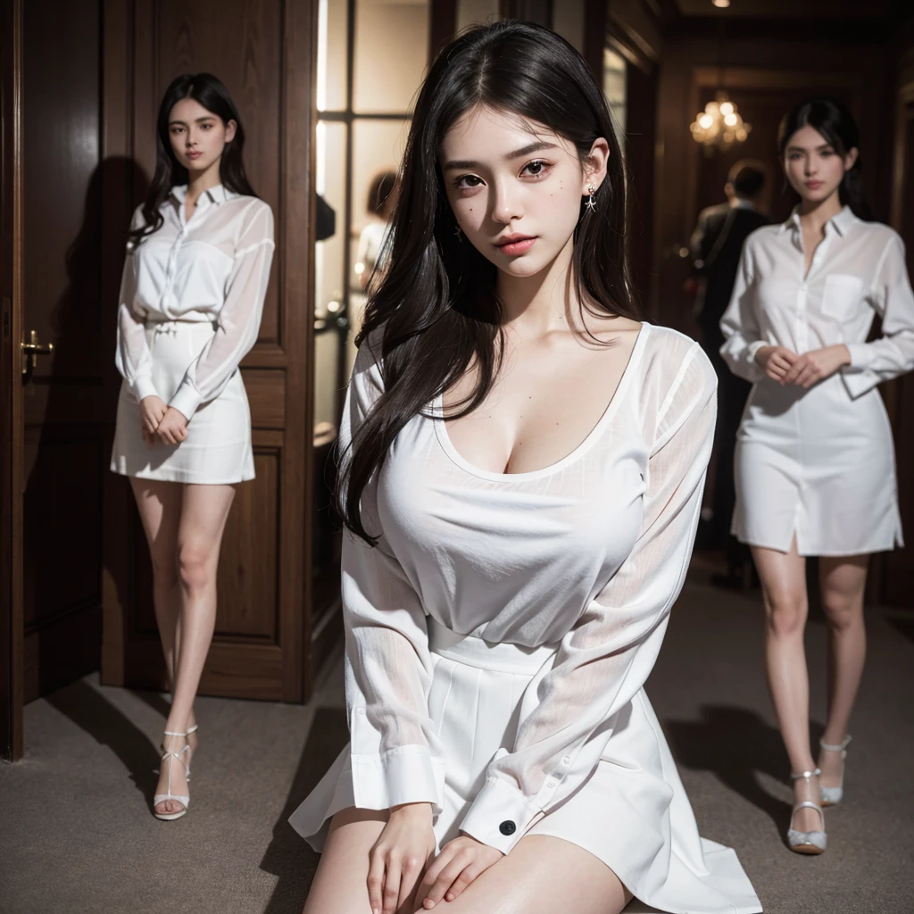 absurdres, RAW photo, extremely delicate and beautiful, masterpiece, Best Quality, ultra high resolution, 32k, hyperrealistic, ultra-detailed, Very detailed CG 8k wallpaper, Beautiful Lighting, Perfect Lightning, Realistic Shadows, perfect anatomy, super Detailed skin, late 20s, very Slim body, narrow waist, very small head, handsome detailed woman, very detailed eyes and face, realistic face proportions, Stunning detailed eyes, Realistic beautiful face, very small face, Realistic small beautiful eyes, tearful mole, earring, beautiful and very thin legs, beautiful and very thin thighs, (very huge round breasts:1.4), medium hair, wavy hair, black hair, (full body shot:1.5), (3 girls:1.3), (white shirt:1.2), brown skirt,