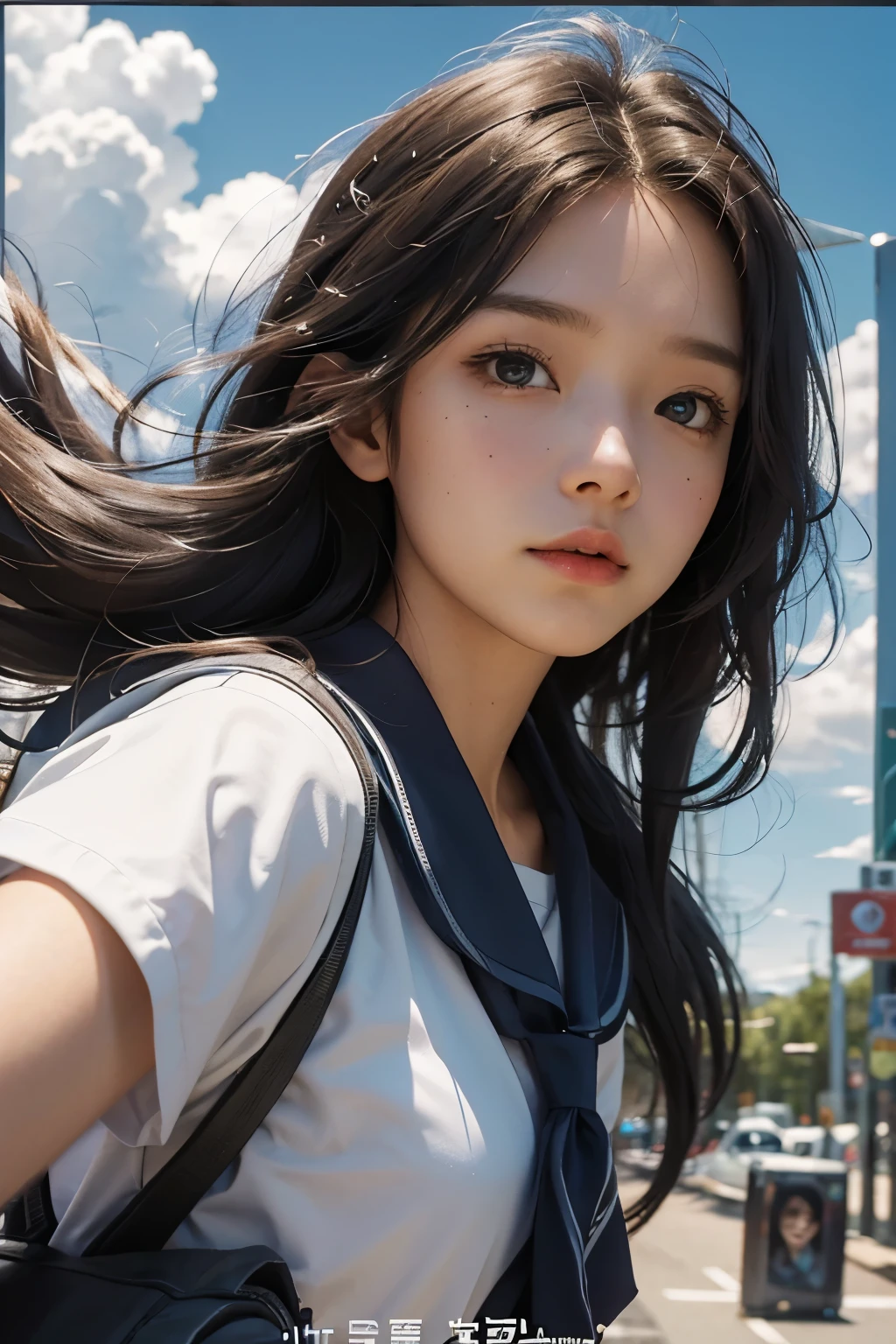 Close-up of poster of a person flying in the sky, movie promotional image, movie poster, Animated Poster Movie Still Portrait, (school uniform),Official Poster, Promotional poster, very - high - budget 영화, The girl is running,