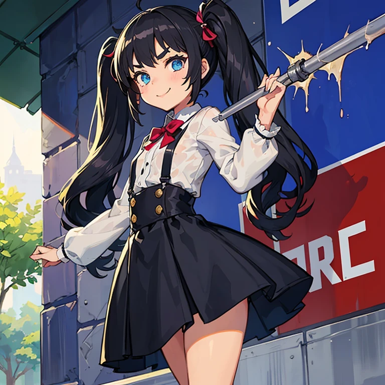 Young girl with black hair, long twintail,  twintail hairstyle, (blue eyes),, ((small bushy eyebrows)), wearing gothic ****ta clothing, ****con , walking to school, flirty smile, , lifting her skirt to show her vagina wet with semen