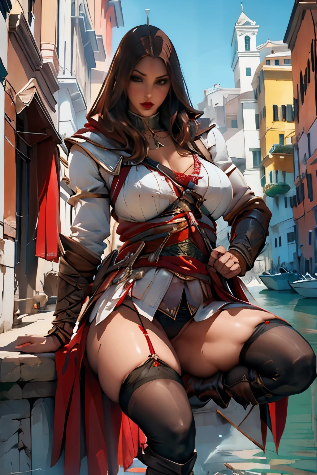 The woman, poca Clothes, Clothes, knee high boots, Bracelets on the legs, socks, stockings, Venice in the background, Venice, evening, night, Renaissance,renaissance, Very detailed, Realistic long-term photography., 4k, wide, brown hair, by the chestnut, Red lips,((hood, hood)), bracelet, sexy,red lips, brown eyes, big breasts, big breasts, Lucia Auditore