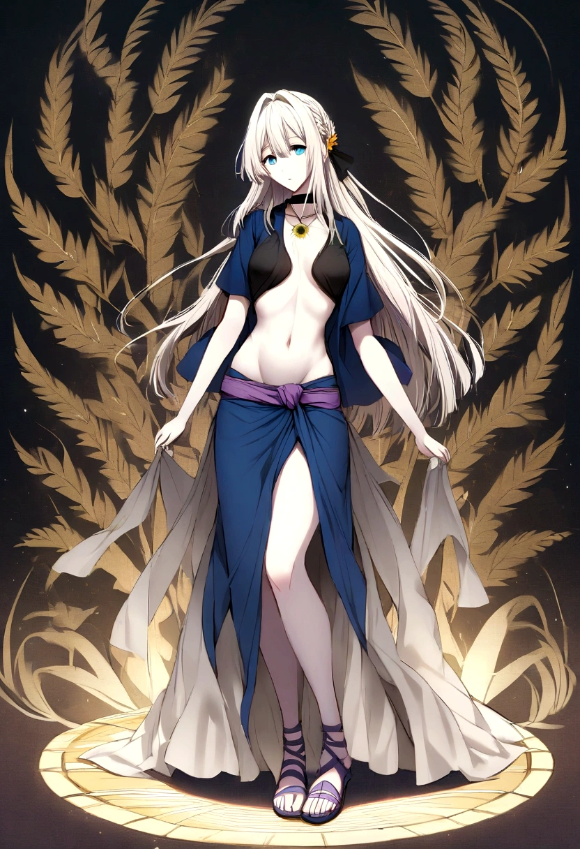 Slim Full Body,pale skin,Style violet evergarden,Chico,long hair to the middle of the back,long straight white hair to mid back with straight bangs,blue eyes,clothing underneath a short dark shirt under a yellow top with short sleeves and a sunflower design exposing her abdomen,blue baggy shoes with a long pink belt,gray shinobi sandals with white soles and a black choker around his neck