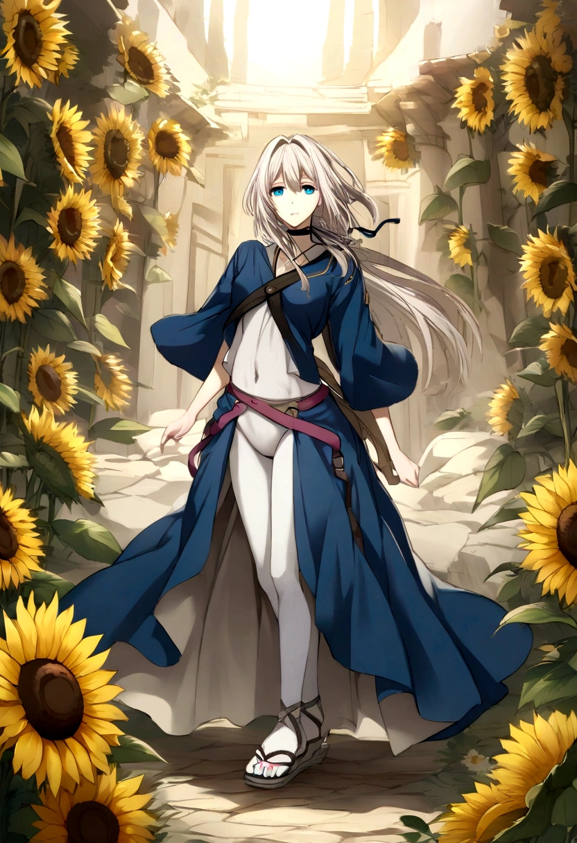 Slim Full Body,pale skin,Style violet evergarden,Chico,long hair to the middle of the back,long straight white hair to mid back with straight bangs,blue eyes,clothing underneath a short dark shirt under a yellow top with short sleeves and a sunflower design exposing her abdomen,blue baggy shoes with a long pink belt,gray shinobi sandals with white soles and a black choker around his neck