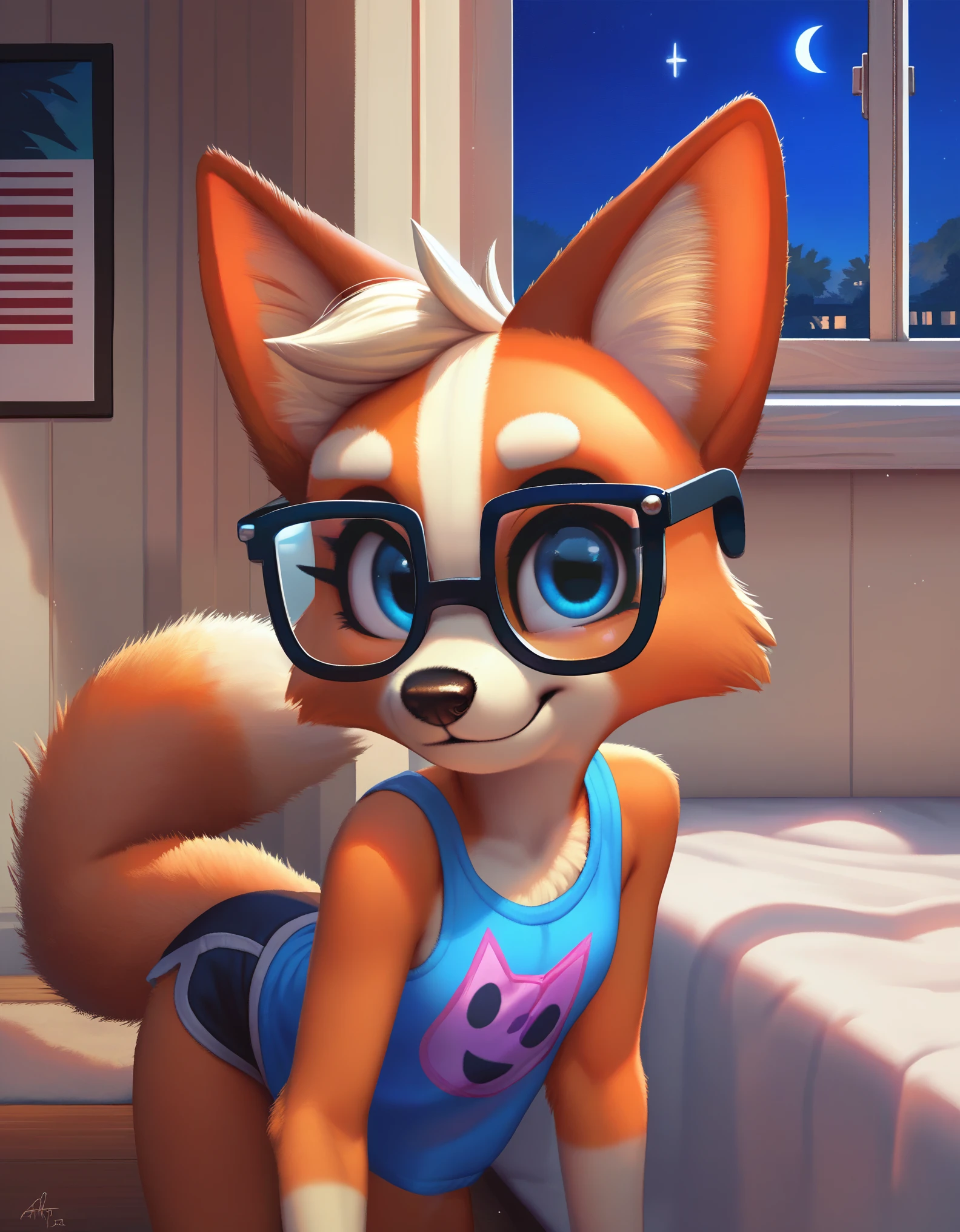 score_9, score_8_up, score_7_up, 1girl, source_cartoon, source_furry, blueyxl, bingo heeler, female red fox, (boxchibi:0.4), anthro, furry, tail, fox ears, fox tail, flat shaded background, indoors, wearing glasses, cute, , detailed fur texture, rocker emo clothing, flat chest, blue eyes, short blonde hair, slim,  looking at  you, playful, at night, dark atmosphere,