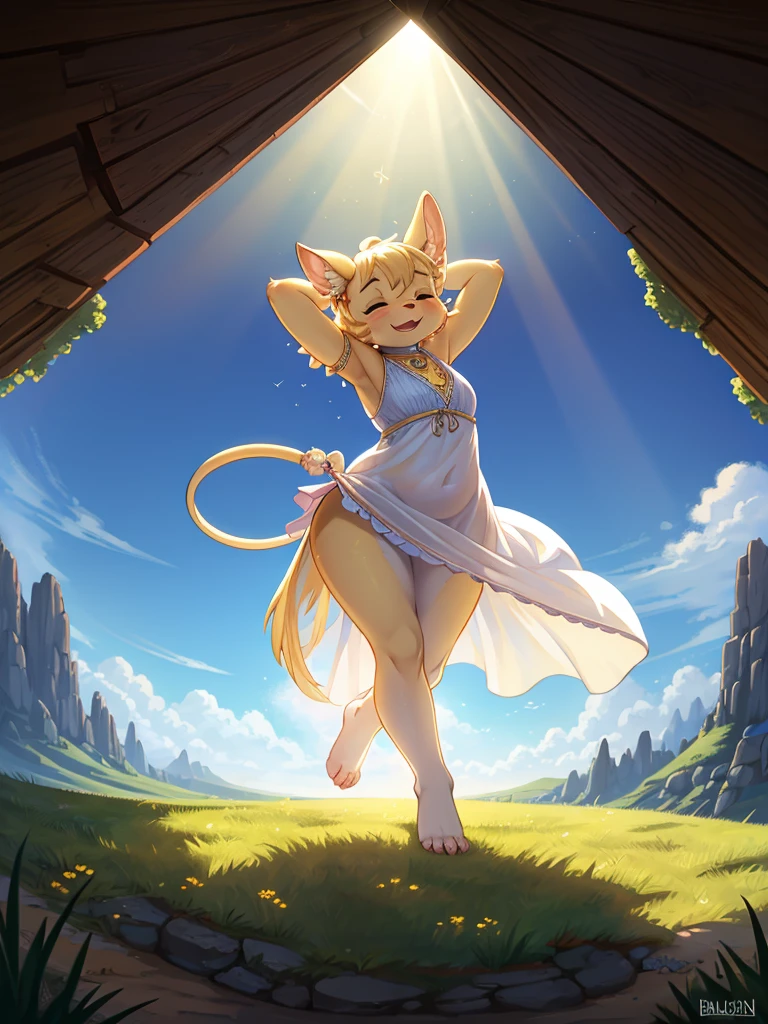 Hallucination , ugly geek Sow , (butterface) , relaxed Fluttering white thin dress , Dancing on the top of hill , halation , Strong sunlight , The fabric is see-through, so your skin is visible , Clothing erotica , (labia:0.4) , Divine Light