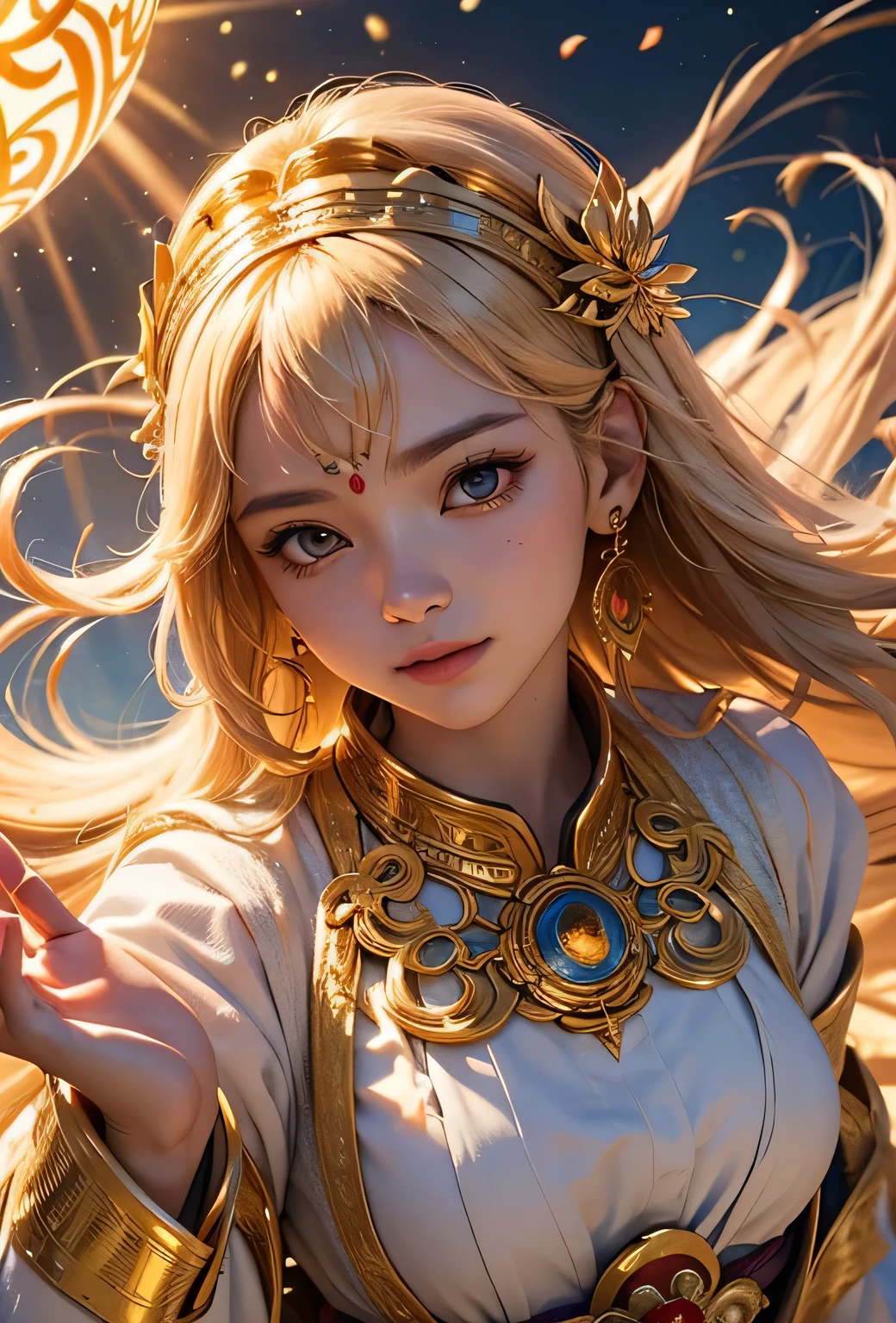 "Child of the Sun, Goddess of Love": Within a sacred sanctuary bathed in sunlight, depict the figure of a sun goddess who governs love, facing forward and emanating divine radiance. She is a , around 3 years old. Zoom in to focus on her face, with a gleaming orb of light in her hands, representing the life-giving power of the sun. Her hair is shimmering gold, and she is wearing a traditional miko outfit as seen in Japanese shrines. The background should be predominantly gold, evoking a sense of divine splendor, with numerous heart-themed objects expressing the beauty of love. The setting is in heaven, enveloped in soft, bright light, where one can find tranquility and peace of mind, free from any trace of anxiety.Straight-on.