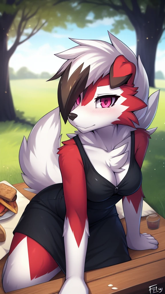 By zinfyu,by twistedscarlet60, uploaded on pixiv, by fluff-kevlar, (masterpiece), (best quality), (solo female:1.2), (extremely detailed:1.3),(detailed eye,black circle on eye,pink eye), lycanroc midnight, view on viewer, close view, shy face, half body on potrait, only body and head, close view, wearing black dress,at park ,food,sitting, picnic park table, picnic, (tail:1.1), closeup photo of lycanroc, adult body posture,