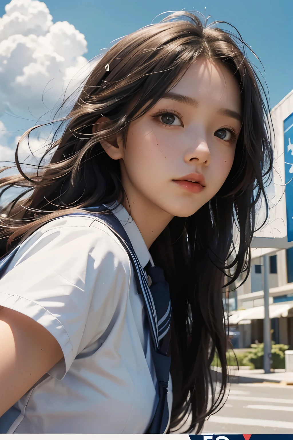 Close-up of poster of a person flying in the sky, movie promotional image, movie poster, Animated Poster Movie Still Portrait, (school uniform),Official Poster, Promotional poster, very - high - budget 영화, The girl is running,