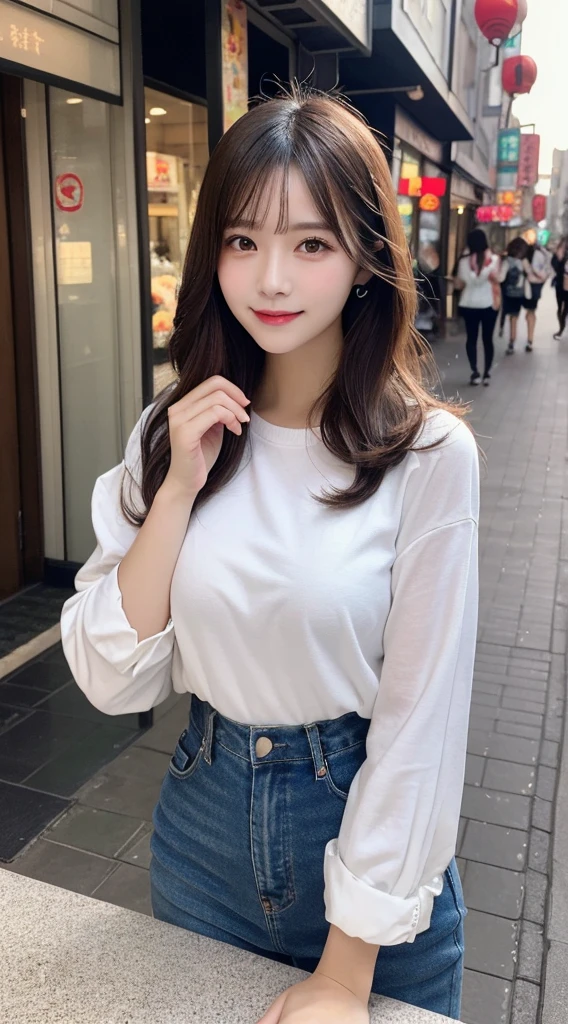 on the table, best quality, illustration, Super detailed, fine details, high resolution, 8k wallpaper, Perfect dynamic composition, Beautiful and delicate eyes, Dores,medium hair, big breasts, natural color lips, Casual and sexy pose,Smile,Qingshan Street Pedestrian Street、20 year old girl
