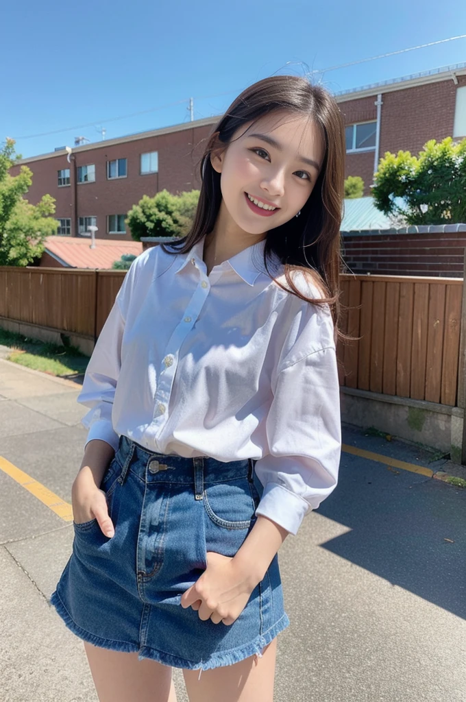 (8K, RAW Photos, Highest quality、masterpiece:1.2), (Realistic、Realistic:1.37), 1 girl, Laughter, View your audience, The background is blue sky, high school,
