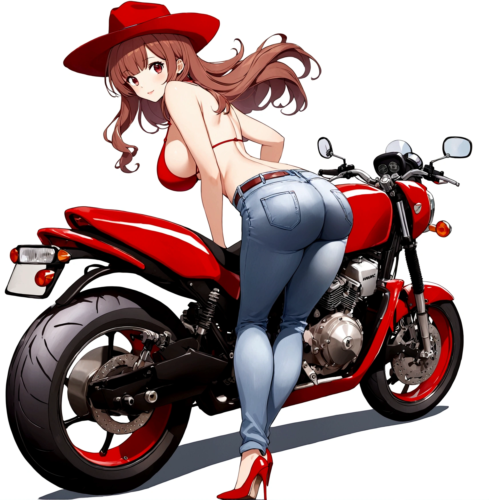 1girl, solo, long hair, breasts, looking at viewer, large breasts, simple background, brown hair, hat, white background, swimsuit, ass, bikini, looking back, pants, high heels, sideboob, underboob, denim, ground vehicle, bikini top only, motor vehicle, red bikini, jeans, motorcycle, cowboy hat,Mine Fujiko