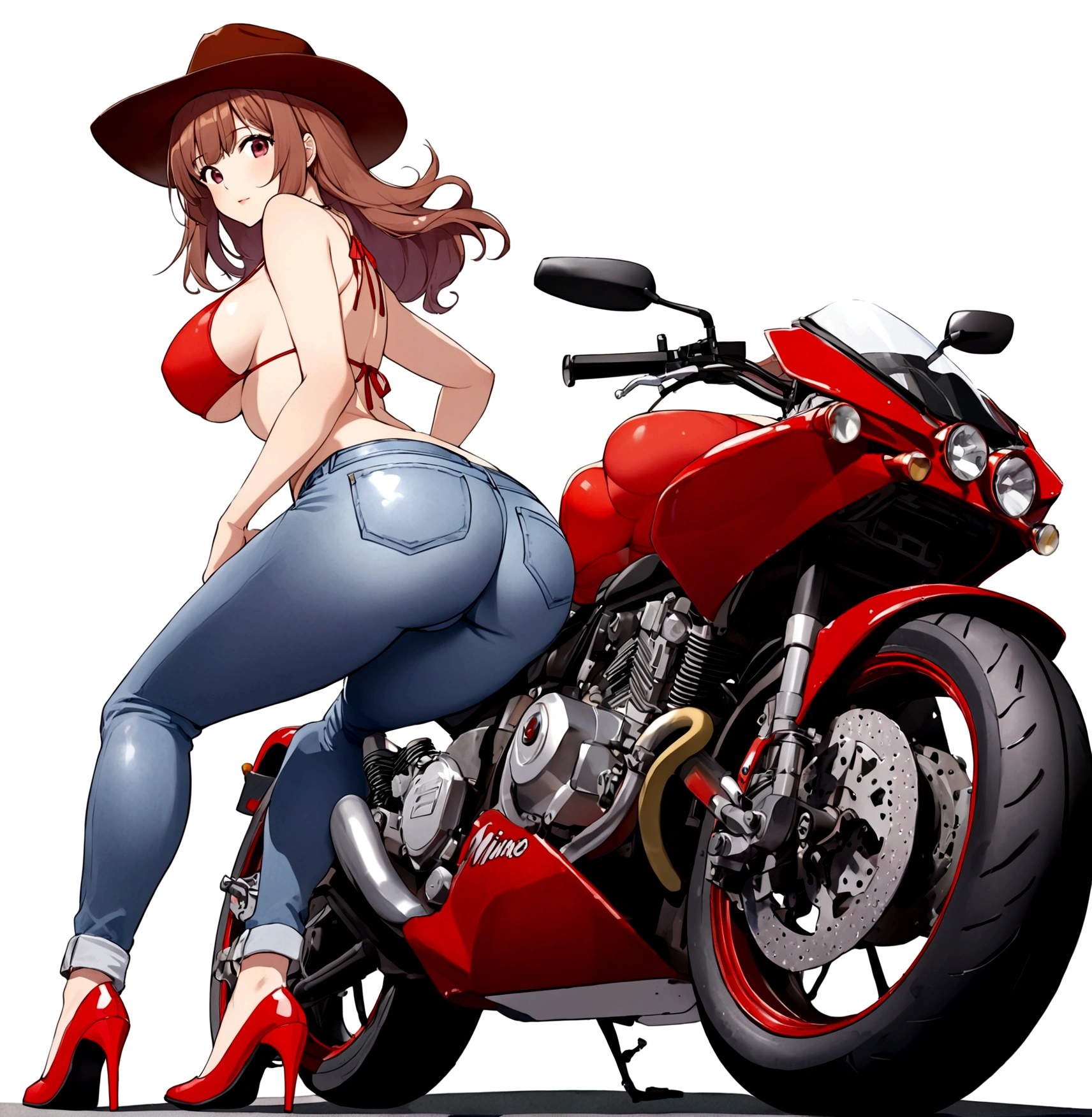 1girl, solo, long hair, breasts, looking at viewer, large breasts, simple background, brown hair, hat, white background, swimsuit, ass, bikini, looking back, pants, high heels, sideboob, underboob, denim, ground vehicle, bikini top only, motor vehicle, red bikini, jeans, motorcycle, cowboy hat,Mine Fujiko