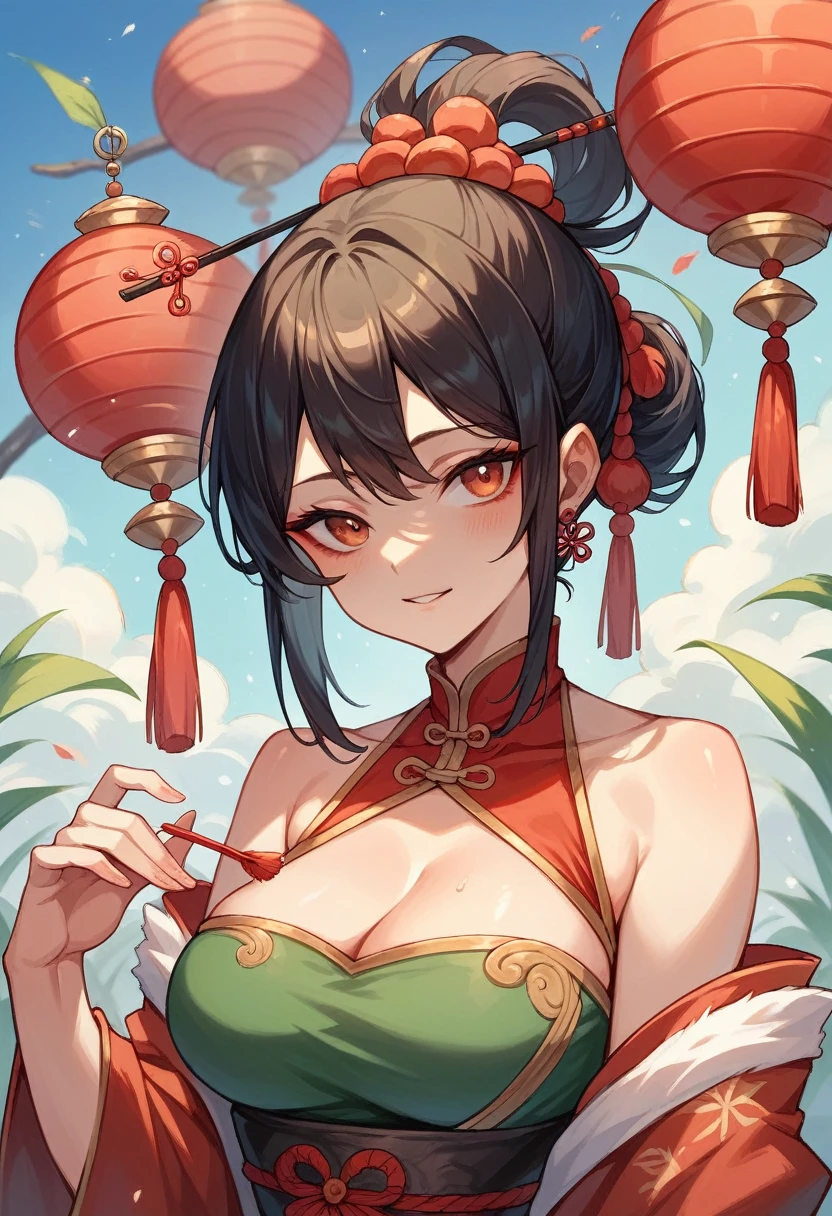 Auspicious atmosphere welcomes the festive season. A beautiful middle-aged Chinese woman who looks young and pretty.