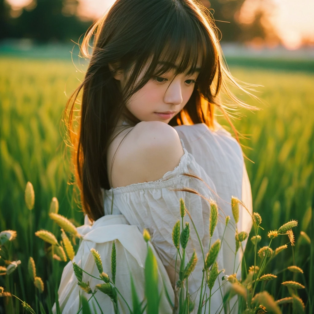 Japanese beautiful girl, Embarrassed look, figure, (Highest quality, Super detailed), front、Gentle lighting, Flowing Hair,one piece、 Delicate features, Dreamy atmosphere、Analog Film Photography、20-year-old、80'、サイバーパンクWindローファイアニメーション、Wind, sunset, Wheat field,