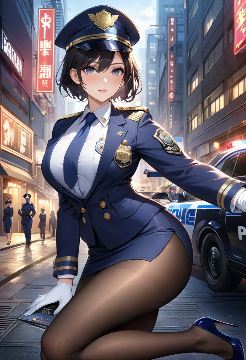 Highest quality、masterpiece、8K、Realistic、超High resolution、Very delicate and beautiful、High resolution、Cinema Lighting、medium range shooting、Perfect female body、Beautiful woman、Mature Woman、Beautiful Eyes、Cityscape、(short hair:1.8、Black Hair)、((Female police officer:1.4、紺色のFemale police officer、Female police officerの制帽、Uniform Buttons、Navy blue tie、Uniform jacket、White gloves))、pantyhose、Pencil Skirt、Stiletto heel pumps、Police Badge、Epaulettes、