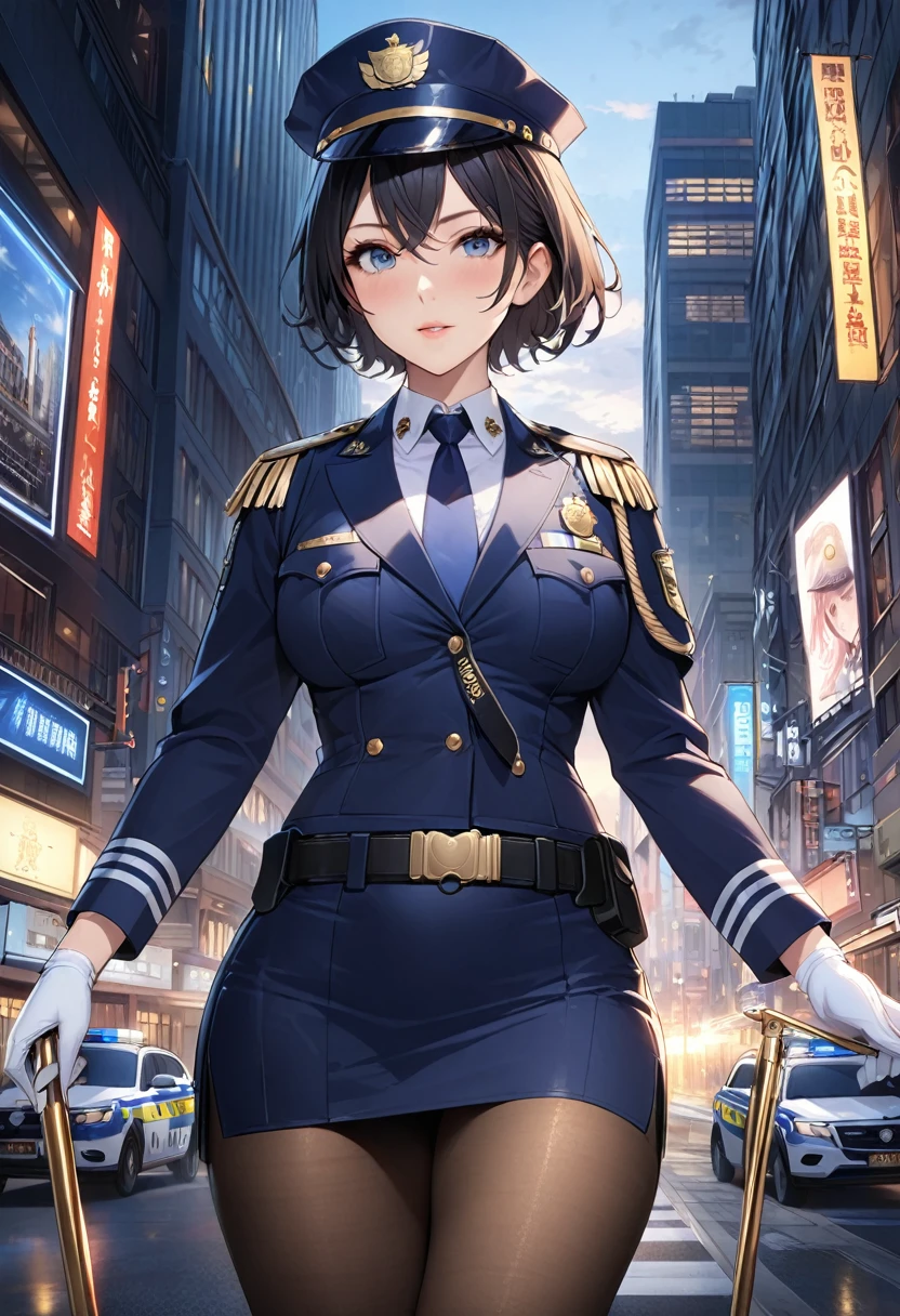 Highest quality、masterpiece、8K、Realistic、超High resolution、Very delicate and beautiful、High resolution、Cinema Lighting、medium range shooting、Perfect female body、Beautiful woman、Mature Woman、Beautiful Eyes、Cityscape、(short hair:1.8、Black Hair)、((Female police officer:1.4、紺色のFemale police officer、Female police officerの制帽、Uniform Buttons、Navy blue tie、Uniform jacket、White gloves))、pantyhose、Pencil Skirt、Stiletto heel pumps、Police Badge、Epaulettes、