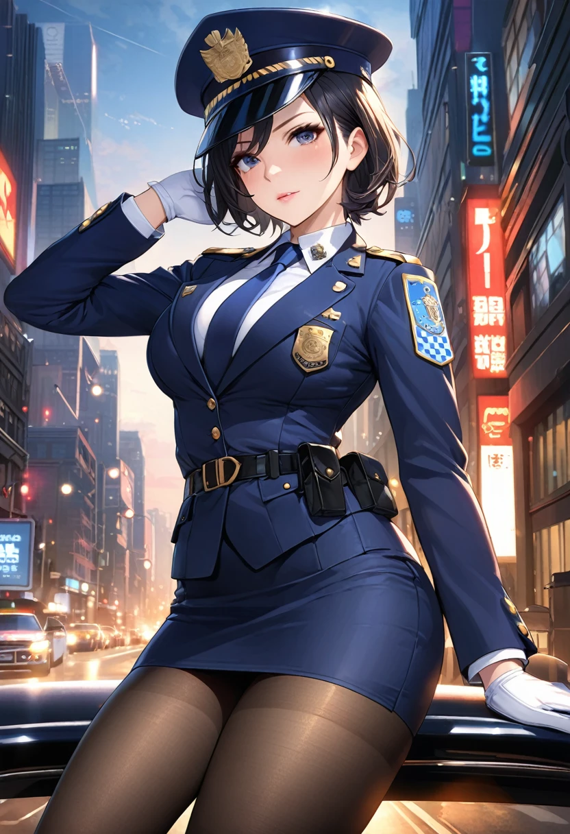 Highest quality、masterpiece、8K、Realistic、超High resolution、Very delicate and beautiful、High resolution、Cinema Lighting、medium range shooting、Perfect female body、Beautiful woman、Mature Woman、Beautiful Eyes、Cityscape、(short hair:1.8、Black Hair)、((Female police officer:1.4、紺色のFemale police officer、Female police officerの制帽、Uniform Buttons、Navy blue tie、Uniform jacket、White gloves))、pantyhose、Pencil Skirt、Stiletto heel pumps、Police Badge、Epaulettes、