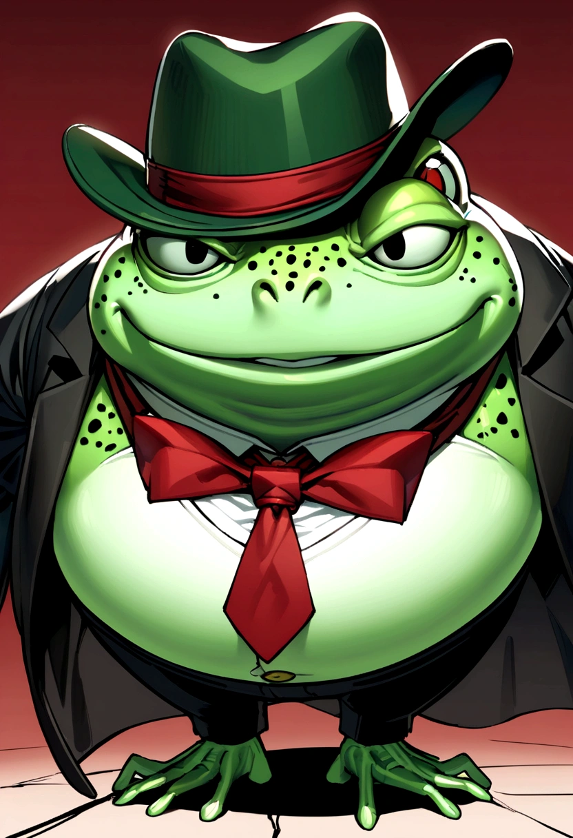 A slightly fat green and white frog that walks on two legs, has black eyes, a black cowboy hat, a green hat tie, a red bow tie, and a sinister smile.