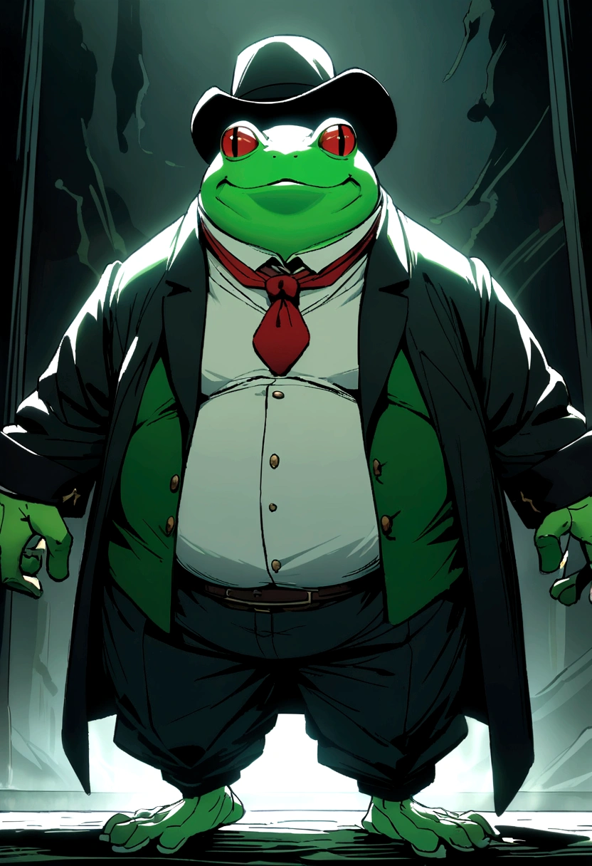 A slightly fat green and white frog that walks on two legs, has black eyes, a black cowboy hat, a green hat tie, a red bow tie, and a sinister smile.