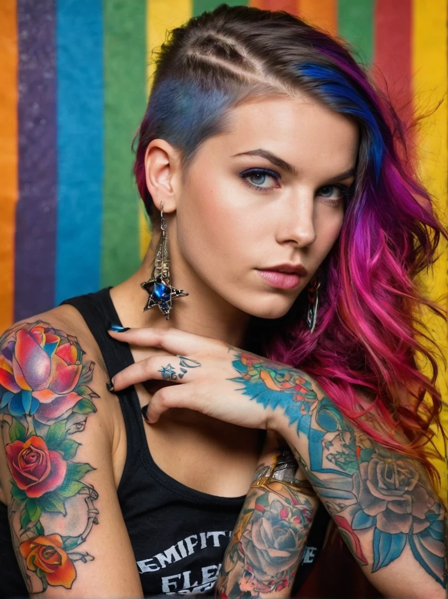 (Fille européenne rebelle),Tatouages aux couleurs vives sur les bras et doigt levé lisible:1.3),gestes provocateurs,cheveux longs et flottants,L'expression arrogante est audacieuse et lumineuse doit être entourée de détails complexes,Fleurs et mandalas détaillés,anatomiquement correct, peau texturée, à la plage, devant un coucher de soleil,Ajoutez de la fantaisie à la scène, pour rehausser la netteté et la modernité de la scène,lignes nettes,Numéros en gras