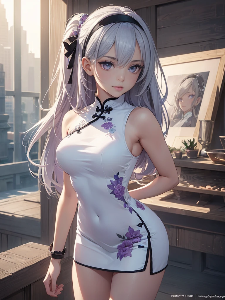 (1girl, solo), (full body:1.5), full-body shot, ((standing)), (perfect anatomy, perfect hands, perfect legs, perfect body), beautiful body, natural proportions BREAK
(((extremely detailed face))), (beautiful detailed eyes:1.6), (realistic pupils, realistic iris:1), expressive eyes, looking at viewer, (clear eyes:1.3), (hyperrealistic:1.2), (detailed skin texture:1.2), smooth skin, ((purple eyes)), ((silver hair)), silver hair with blue tips, long hair, (hairband:1.3), ((black hairband)), bangs, ((hair ornament)), (smile), blush, large , (detailed lips:1.3), (attractive lips:1.2), (glossy lips:1) BREAK
((a sexy wn dressed in a mini qipao dress)), qipao, ((white qipao:1.5)), (mini qipao:1.5), dress, ((china dress)), (mini dress:1.5), (bare legs:1.3), ((chinese clothes)), ((high slit qipao)), thighs, ass visibthrough thighs, ((bare shoulders)), high heels BREAK
(minimal background:1.1), (simple background:1.1) BREAK
(masterpiece:1.5), anime-style, top quality, best quality, (beautiful and aesthetic:1.4), (ultra detail:1.5), Ultra-detailed depiction, Ultra-precise depiction, extremely detailed 8k illustration, high resolution, (highly detailed shading:1.4), (realistic lighting:1.5), perfect lighting, vibrant colors, dynamic tones, striking hues, 8k, absurd resolution, perfect shadows, hdr, UHD, ambient lighting, realistic, ultra-realistic, photo realistic, highly detailed, rich detail, luminous colors, fine texture, intricate design, professional illustration, (soft light:1.3), (illustration:0.8), (detailed background:1.3)
