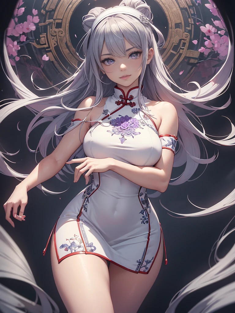 (1girl, solo), (full body:1.5), full-body shot, ((standing)), (perfect anatomy, perfect hands, perfect legs, perfect body), beautiful body, natural proportions BREAK
(((extremely detailed face))), (beautiful detailed eyes:1.6), (realistic pupils, realistic iris:1), expressive eyes, looking at viewer, (clear eyes:1.3), (hyperrealistic:1.2), (detailed skin texture:1.2), smooth skin, ((purple eyes)), ((silver hair)), silver hair with blue tips, long hair, (hairband:1.3), ((black hairband)), bangs, ((hair ornament)), (smile), blush, large breast, (detailed lips:1.3), (attractive lips:1.2), (glossy lips:1) BREAK
((a sexy woman dressed in a mini qipao dress)), qipao, ((white qipao:1.5)), (mini qipao:1.5), dress, ((china dress)), (mini dress:1.5), (bare legs:1.3), ((chinese clothes)), ((high slit qipao)), thighs, ass visible through thighs, ((bare shoulders)), high heels BREAK
(minimal background:1.1), (simple background:1.1) BREAK
(masterpiece:1.5), anime-style, top quality, best quality, (beautiful and aesthetic:1.4), (ultra detail:1.5), Ultra-detailed depiction, Ultra-precise depiction, extremely detailed 8k illustration, high resolution, (highly detailed shading:1.4), (realistic lighting:1.5), perfect lighting, vibrant colors, dynamic tones, striking hues, 8k, absurd resolution, perfect shadows, hdr, UHD, ambient lighting, realistic, ultra-realistic, photo realistic, highly detailed, rich detail, luminous colors, fine texture, intricate design, professional illustration, (soft light:1.3), (illustration:0.8), (detailed background:1.3)