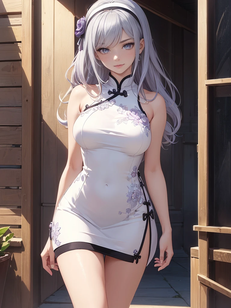 (1girl, solo), (full body:1.5), full-body shot, ((standing)), (perfect anatomy, perfect hands, perfect legs, perfect body), beautiful body, natural proportions BREAK

(((extremely detailed face))), (beautiful detailed eyes:1.6), (realistic pupils, realistic iris:1), expressive eyes, looking at viewer, (clear eyes:1.3), (hyperrealistic:1.2), (detailed skin texture:1.2), smooth skin, ((purple eyes)), ((silver hair)), silver hair with blue tips, long hair, (hairband:1.3), ((black hairband)), bangs, ((hair ornament)), (smile), blush, large breast, (detailed lips:1.3), (attractive lips:1.2), (glossy lips:1) BREAK

((a sexy woman dressed in a mini qipao dress)), qipao, ((white qipao:1.5)), (mini qipao:1.5), dress, ((china dress)), (mini dress:1.5), (bare legs:1.3), ((chinese clothes)), ((high slit qipao)), thighs, ass visible through thighs, ((bare shoulders)), high heels BREAK

(minimal background:1.1), (simple background:1.1) BREAK

(masterpiece:1.5), anime-style, top quality, best quality, (beautiful and aesthetic:1.4), (ultra detail:1.5), Ultra-detailed depiction, Ultra-precise depiction, extremely detailed 8k illustration, high resolution, (highly detailed shading:1.4), (realistic lighting:1.5), perfect lighting, vibrant colors, dynamic tones, striking hues, 8k, absurd resolution, perfect shadows, hdr, UHD, ambient lighting, realistic, ultra-realistic, photo realistic, highly detailed, rich detail, luminous colors, fine texture, intricate design, professional illustration, (soft light:1.3), (illustration:0.8), (detailed background:1.3)