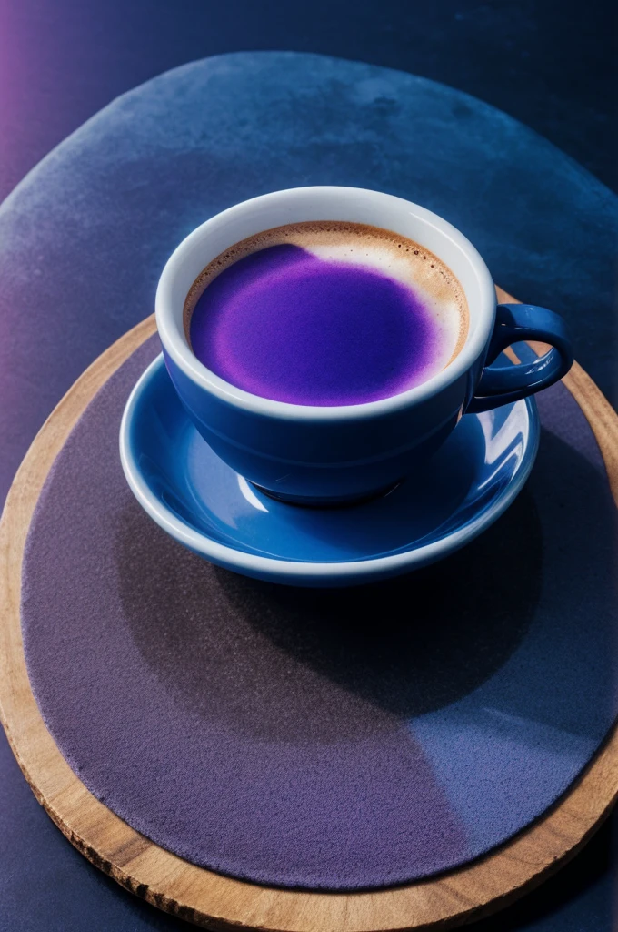 Cup of coffee with moon phases in blue and violet colors 
