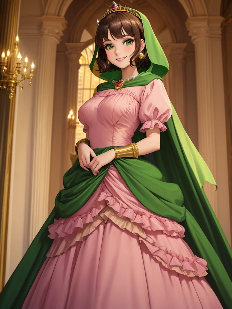 masterpiece, best quality:1.2), 1girl, smile, looking at viewer, green eyes, short brown hair, princess, princess dress, wearing puffy pink ballgown reaching the floor, green cloak cape, golden tiara with veil, standing in ballroom of medieval castle