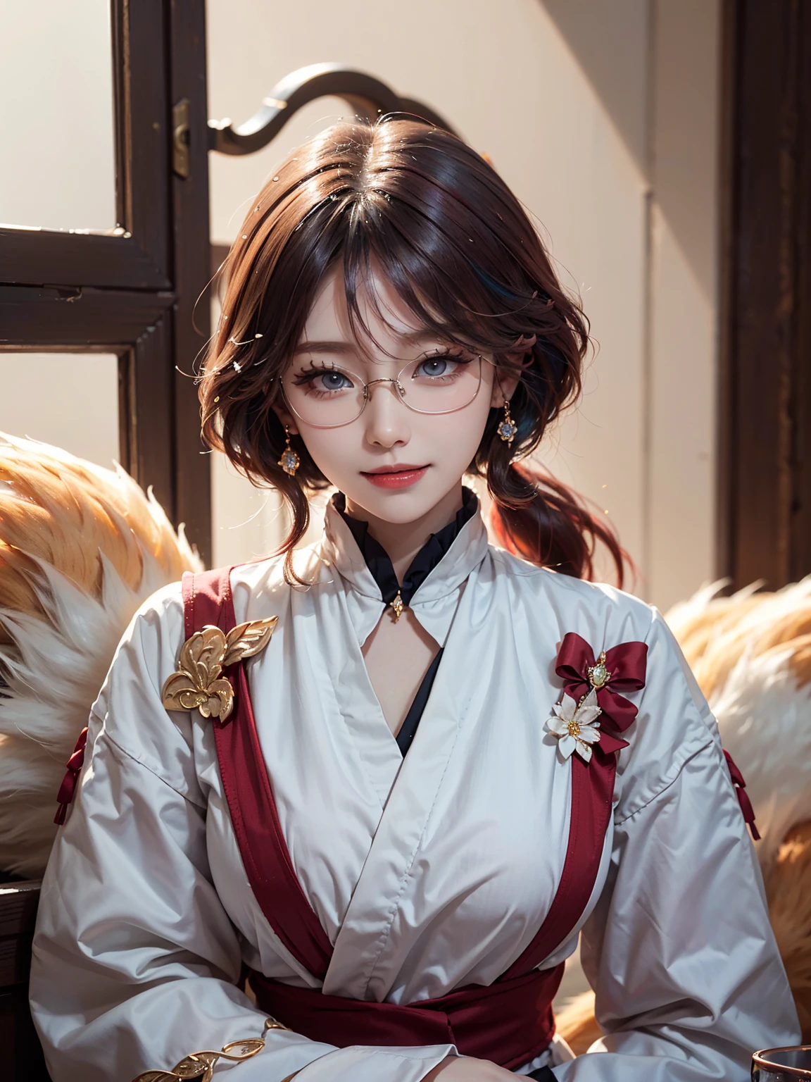 masterpiece, best quality, illustration, (dynamic lighting:1.2), cinematic lighting, reflection, delicate facial features, ultra-detailed eyes, sharp pupils, realistic pupils, depth of field, sharp focus, (hyper-detailed, bloom, glow:1.4), exceptional beauty, alluring face, cute look, multicolored hair, ponytail, high ponytail, (ponytail:1.3), (high_ponytail:1.2), long ponytail, (bright_red_hair:1.3), shining hair, bangs, long side bang, enchanting eyes, shiny, sparkle, sparkling, elegance, jewelry, ornaments, 1girl, solo focus, medium full shot, cowboy shot, white skin, intense bright, absurdres, high-res, ultra-detailed, hair ornaments, earrings, perfect arms, perfect hands, perfect fingers, detailed hands, detailed fingers, perfect body, perfect, embarrassing, blushing, smiling, angelic, expert shading, extreme light effects, intense bright, glare, sharp eyelash, red lips, dynamic pose, tying hair, hand on hair, huge smile, beautiful, accurate anatomy, perfect anatomy, showing body curves, eyeglasses, (eyeglasses:1.4), (round_eyeglasses:1.2), wearing glasses, renaissance, sunshine, princess, goddess, crown, tiara, halo, (multicolored eyes), (heterochromia), (messy hair:1.3), (long ponytail:1.3), (hair over one eye:1.3), (wavy hair:1.3), kitsune, (kitsune mask:1.3), (fox mask:1.3), fox tails, fur clothes, fur jacket, furry, long hair, red hair, (white clothes:1.3)