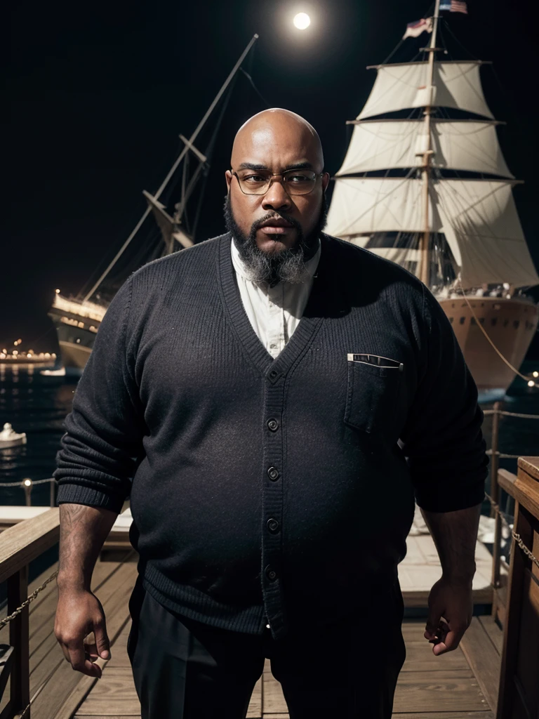 hyper realistic image a black man, dark, fat, bald, wears a black beard, big head, wears black-rimmed square prescription glasses (like Jack Dawson from the movie Titanic), standing, with the ship Titanic passing behind him, seen from the front , full body, in the year 1912, photograph with an antique look