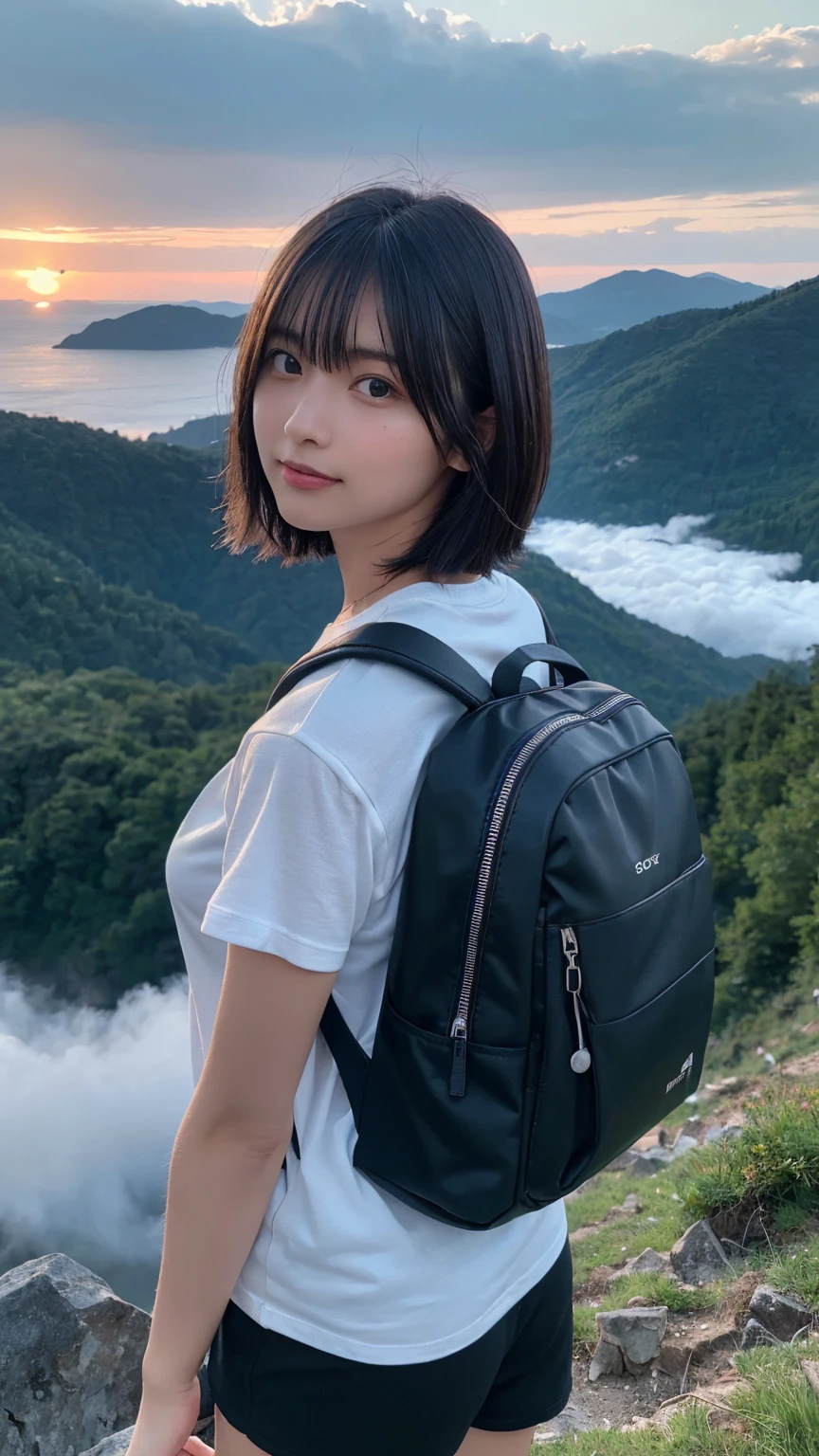 Highest quality, masterpiece, Ultra-high resolution, (Realistic:1.3), RAW Photos, (Nature landscape photography), (Majestic Mountain々The summit of the, sea of clouds), (On top of a very large mountain), (sunset), (One Girl), (Upper Body), (20-year-old), (smile:0.9), (Shiny skin), (short hair, Dark brown hair), (White T-shirt), (Casual shorts), (Carry a large backpack on your back), (Ultra detailed face), (Super beautiful poop), (Highly detailed eyes), (Highly detailed nose), (Highly detailed mouth), (Very skilled hands), (Super-detailed body), Sony a7, 85mm lens, f9.0, Pan Focus
