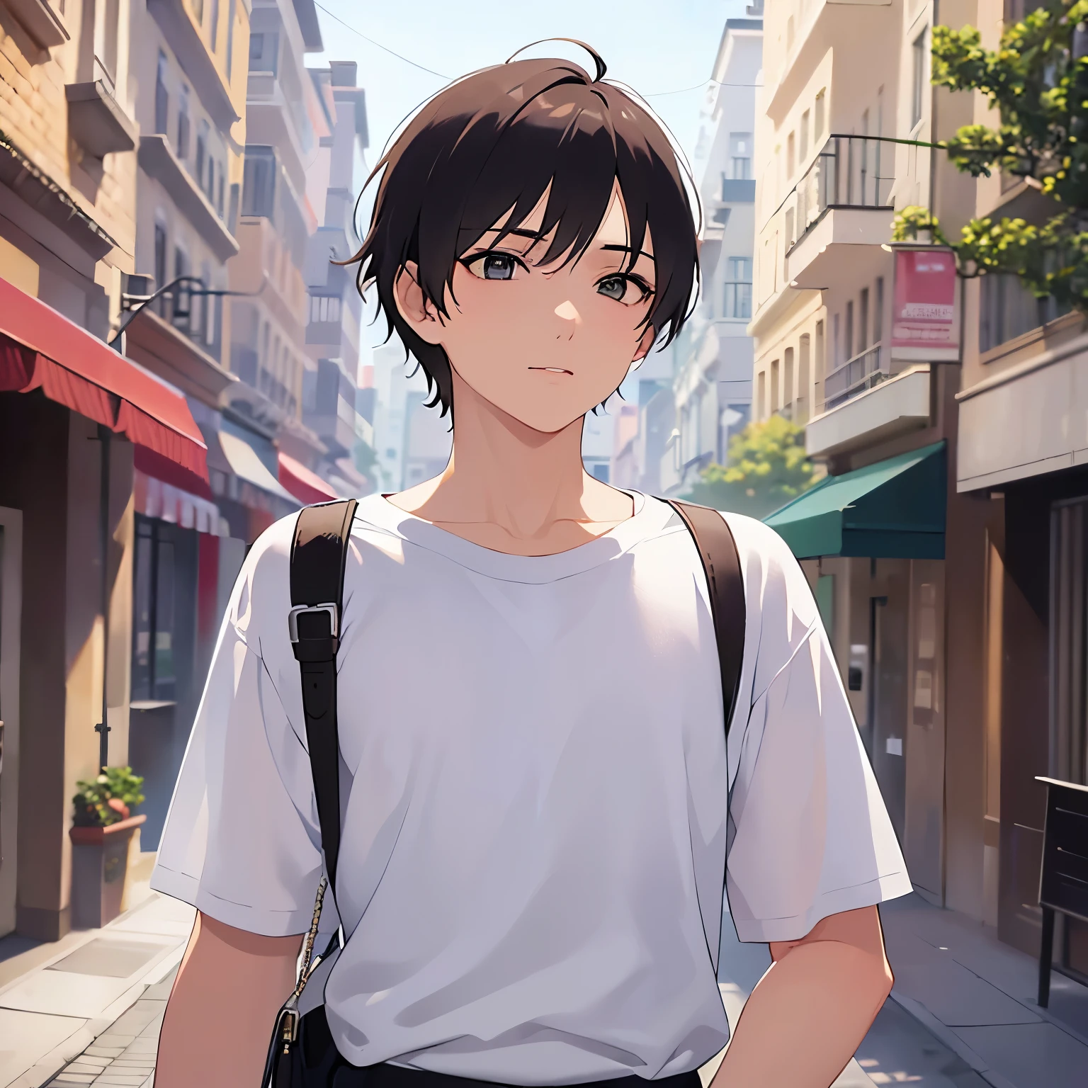 looking away,upper body,shiny skin, (looking away:1.5)、masterpiece、Highest quality、(25-year-old male:1.5) and (Brown short hair) and (Green Eyes) Walking、The background is outside、(Alone:1.5),whiteTshirt、The background is a shopping street