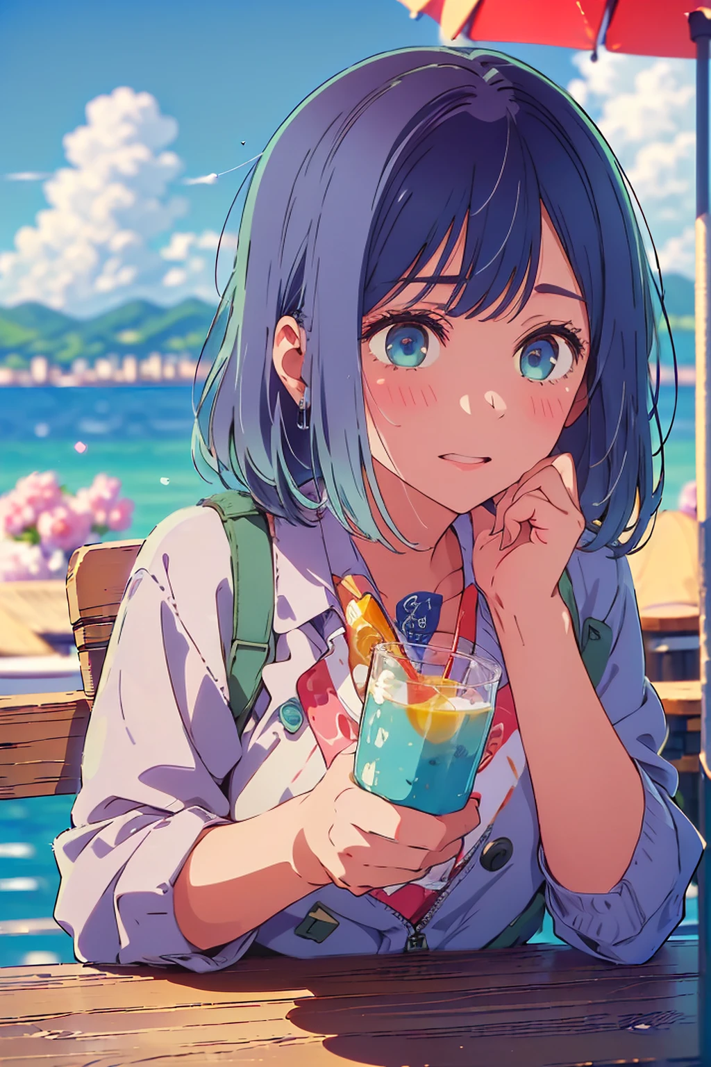 (Highest quality:1.4、masterpiece:1.4、Super detailed:1.4、8K:1.4)、F cup bust、Big Breasts、Slim body、((((1 person、Surprised expression、sit、Chair、In the background are the urban buildings of Tokyo、looking at the camera、Outdoor café terrace、coastal、Navy hair color、juice、table、Shooting up close、Very cute face))))、(Pose of putting hair behind ears with hands:1.4、Cheek resting on hand:1.4)、((nude、Areola、bikini、Jacket))、Very blue sky、A completely cloudless sky、Big eyes、((((Shallow depth of field))))、Pink Lips