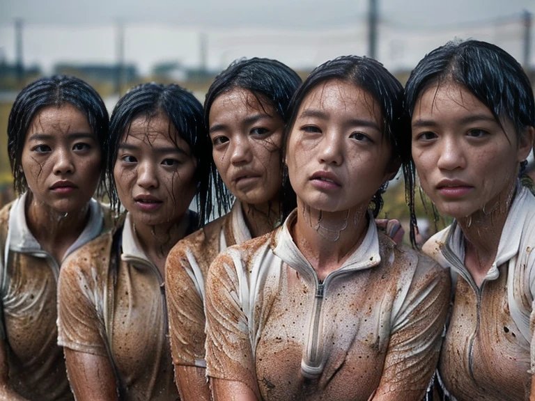 (A plain white short sleeved dirt stained field hockey uniform with a very tight white half zip:1.7)、(A large, dirt-stained, white, square collar: 1.6)、(Red clay ground:1.5)、My hair is wet and messy、(Beautiful Japanese woman covered in dirt:2.3)、Highest quality, masterpiece, Ultra-high resolution, Photorealistic, Raw Photos,Detailed face,(All women with muscular arms:2.0), (Fastener open: 1.8), (Upper body zoom up:1.0),(Everyone wears the same clothes:1.0), All members are super beauties, (Three beautiful Japanese women standing in a row facing the camera: 1.5), (Hair tied up: 1.4), (Exhausted expression: 2.0), Bright photo, (Soaked from head to torrential rain: 1.9)