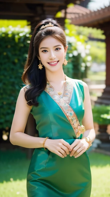 subject: Capture the essence of your bunny beauty concept: A high-resolution realistic portrait of a young woman that captures the elegance and charm of Tai Khun culture..

Detail Pictures:

intermediary: Young woman with a passionate smile, Her smile brightens her face.
clothing: Gorgeous Tong Tai Khun Native Costume, Open chest, meticulously displayed in every detail.. Vibrant Fabric, INTRICATE EMBROIDERY, and glittering gold bracelets, necklace, And the earrings add a layer of luxury..
Hair style: Beautiful loose bread decorated with freshness, Flowers of local origin, Secure it with delicate gold pins..
decorations: Emphasizing the cultural significance of each piece – elegant earrings are a symbol of prosperity., layered necklace representing family ties, And an exquisite patterned bracelet that represents the artistic heritage..
stance: Confident and balanced, Standing in full view with the backdrop of an ancient pagkam temple.
background: The beautiful Bagan temples are bathed in the soft hues of dawn or dusk., Gather the spiritual and historical essence of Myanmar.
Technical specifications:

resolution: 4K (Or higher) For clarity and excellent detail.
light: Soft and natural, เน้นย้ำถึงคุณลักษณะของผู้หญิงและพื้นผิวที่ซับซ้อนของclothing.
depth of field: ระยะชัดลึกที่ตื้นเพื่อดึงโฟกัสไปที่ผู้หญิงและเบลอbackground, Generate closeness and greatness.
Additional Notes:

ลองผสมผสานความไม่สมบูรณ์เล็กๆ น้อยๆ เข้ากับclothingและdecorationsเพื่อเพิ่มความสมจริงและความถูกต้องทางประวัติศาสตร์.
Make sure that the face is consistent with the Tai Khun ethnic features while still maintaining an overall sense of beauty and individuality..
Capture subtle emotional differences in a woman's smile., Indicates a sense of pride and cultural connection.
The overall vision: Create stunning and culturally sensitive portraits that celebrate the rich heritage and mesmerizing beauty of Tai Khun women..