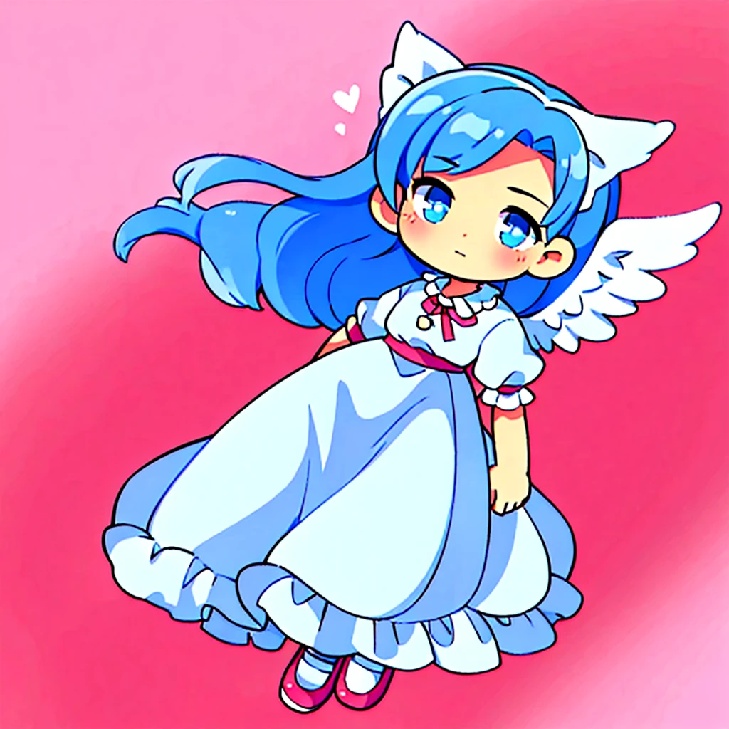 masterpiece, best quality, 1girl, , , 10 years old, medium blue hair, hair flaps, pink ribbon on head, well-formed face, blue eyes, angel girl, white blouse, puffy short sleeves, red ribbon, angel wings, long white skirt, red shoes, frills, ribbon head