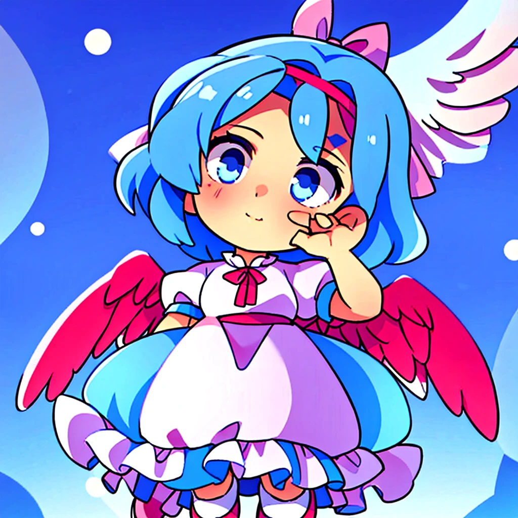 masterpiece, best quality, 1girl, , , 10 years old, medium blue hair, hair flaps, pink ribbon on head, well-formed face, blue eyes, angel girl, white blouse, puffy short sleeves, red ribbon, angel wings, long white skirt, red shoes, frills, ribbon head