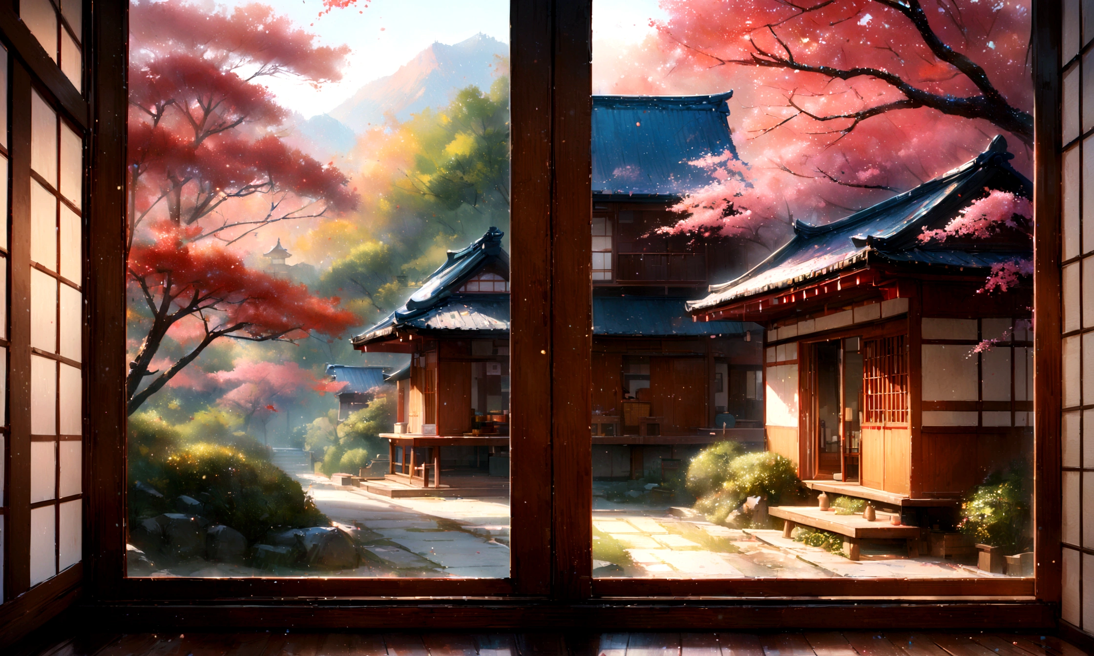 Japanese House, Beautiful view from the window,living,Blur the background,Glitter effect,Highest quality, 8K, High resolution, masterpiece:1.2, Very detailed, Realistic:1.37, High resolution, 超High resolution, Ultra-fine painting, Very detailed, Professional, Vibrant colors