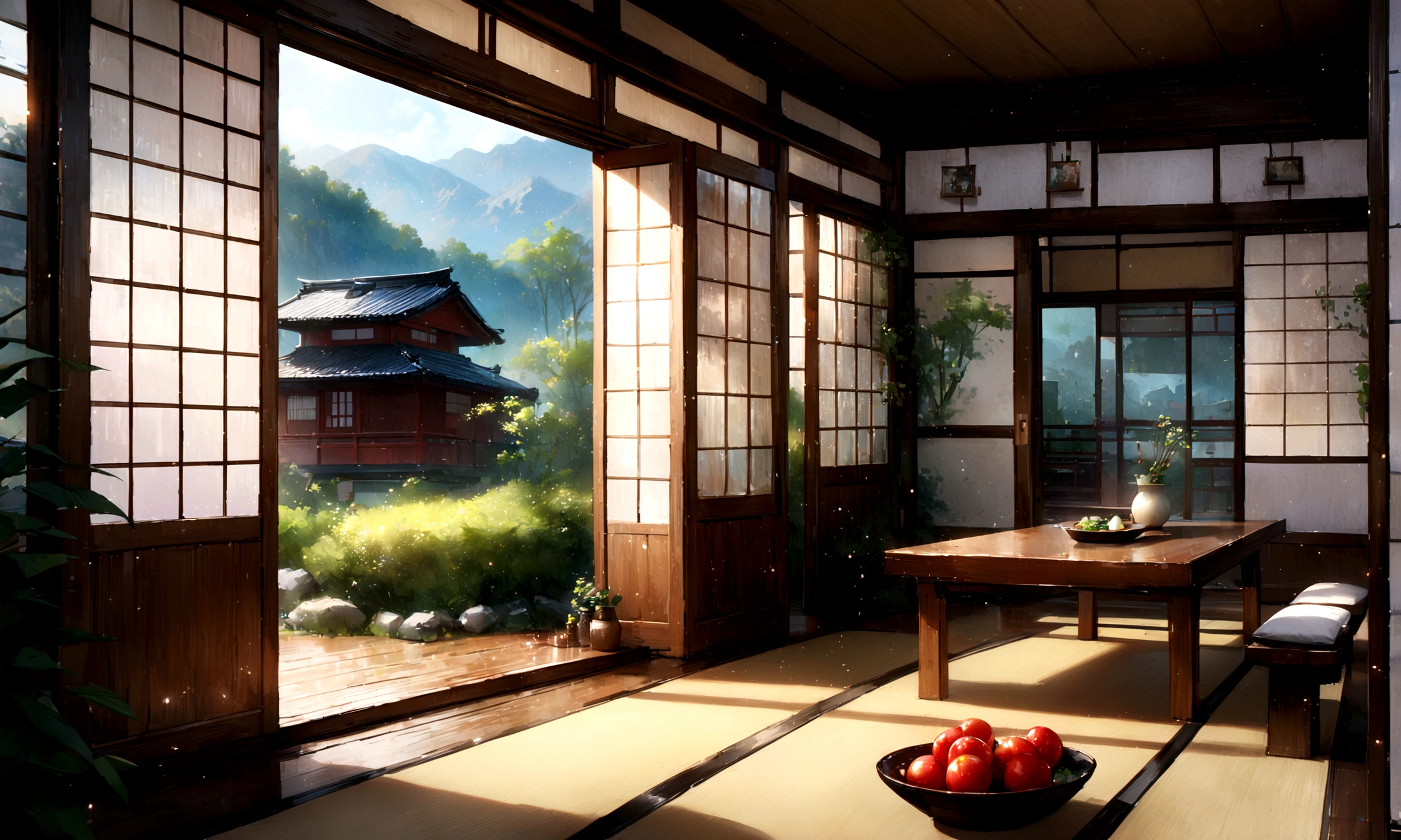 Japanese House, Beautiful view from the window,living,Blur the background,Glitter effect,Highest quality, 8K, High resolution, masterpiece:1.2, Very detailed, Realistic:1.37, High resolution, 超High resolution, Ultra-fine painting, Very detailed, Professional, Vibrant colors