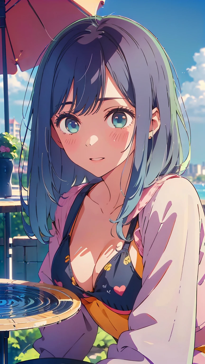 (Highest quality:1.4、masterpiece:1.4、Super detailed:1.4、8K:1.4)、F cup bust、Big Breasts、Slim body、((((1 person、Surprised expression、sit、Chair、In the background are the urban buildings of Tokyo、looking at the camera、Outdoor café terrace、coastal、Navy hair color、juice、table、Shooting up close、Very cute face))))、(Pose of putting hair behind ears with hands:1.4、Cheek resting on hand:1.4）、((nude、Areola、bikini、Jacket))、Very blue sky、A completely cloudless sky、Big eyes、((((Shallow depth of field))))、Pink Lips