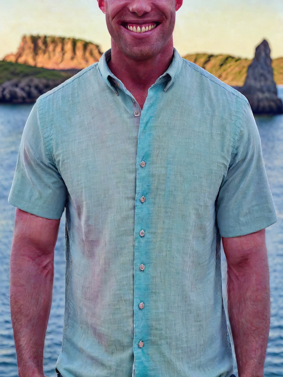 a handsome man, Todder8, Todder1 short hair, perfect facial features, RAW, UHD, 8K, looking at camera, on a yacht at sea, vacation photography, island paradise, colorful unbuttoned Hawaiian shirt showing his stunning muscular chest, photorealistic, dynamic lighting, perfect day, [smiling]