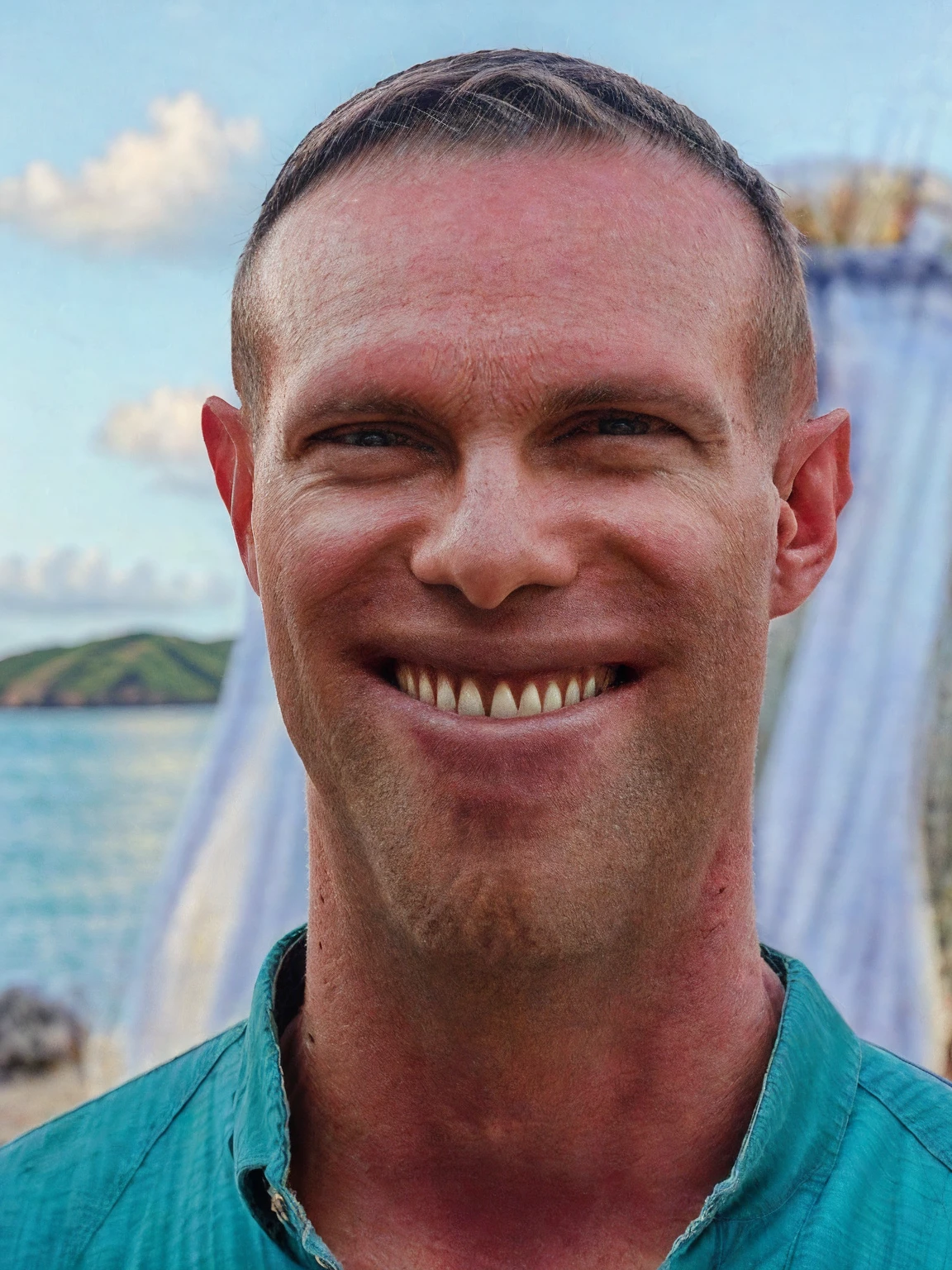 a handsome man, Todder8, Todder1 short hair, perfect facial features, RAW, UHD, 8K, looking at camera, on a yacht at sea, vacation photography, island paradise, colorful unbuttoned Hawaiian shirt showing his stunning muscular chest, photorealistic, dynamic lighting, perfect day, [smiling]