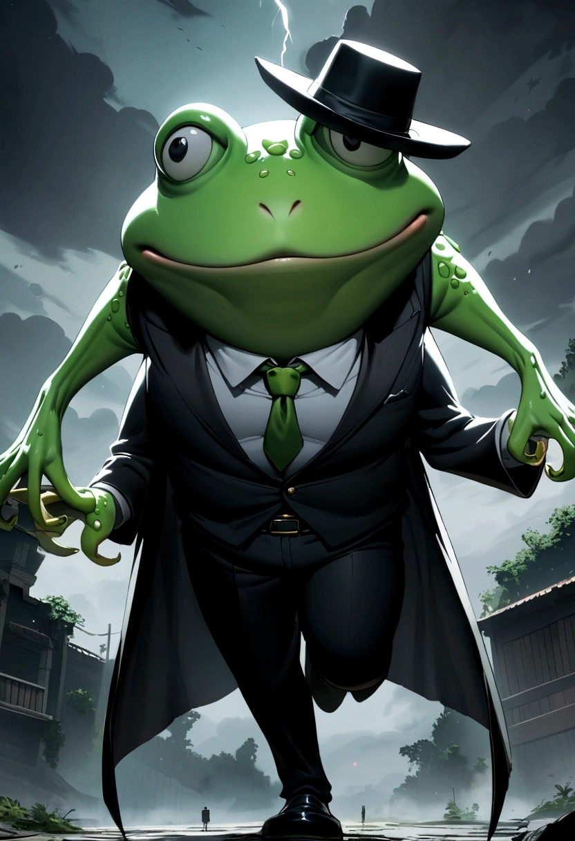 A tall, slightly chubby green-white frog that walks on two legs, has black eyes, a black cowboy hat, green hat tie, a red bow tie, and a sinister smile.