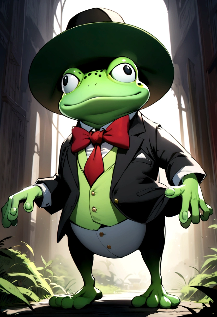A tall, slightly chubby green-white frog that walks on two legs, has black eyes, a black cowboy hat, green hat tie, a red bow tie, and a sinister smile.