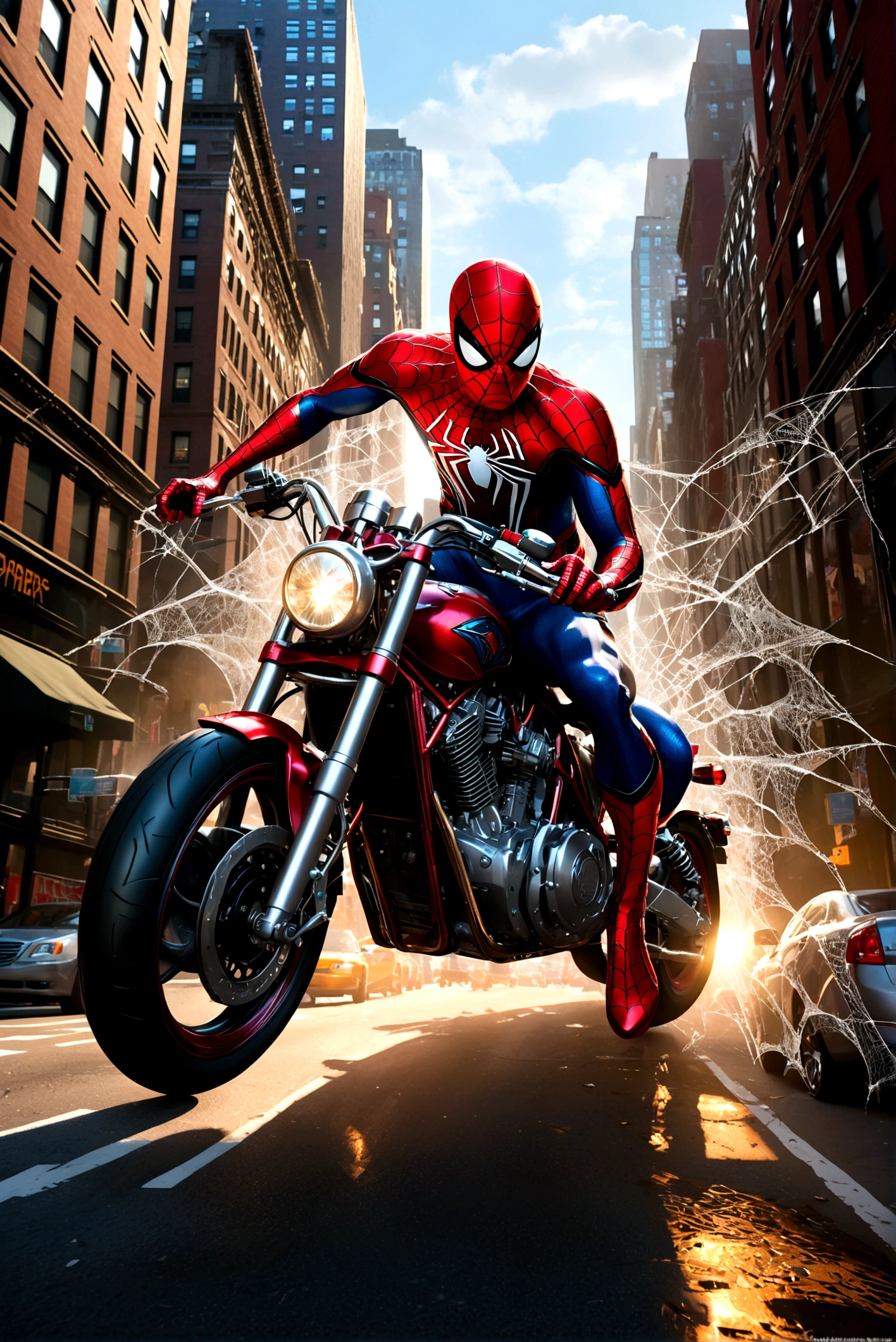 a detailed photo of spider-man riding a spider-man themed motorcycle on the streets of new york city, dynamic action pose, dramatic lighting, cinematic angle, highly detailed, intricate mechanical details, realistic rendering, digital art, concept art (Spiderwebs spell 'Spider Man' across the top of the picture in comic book style)