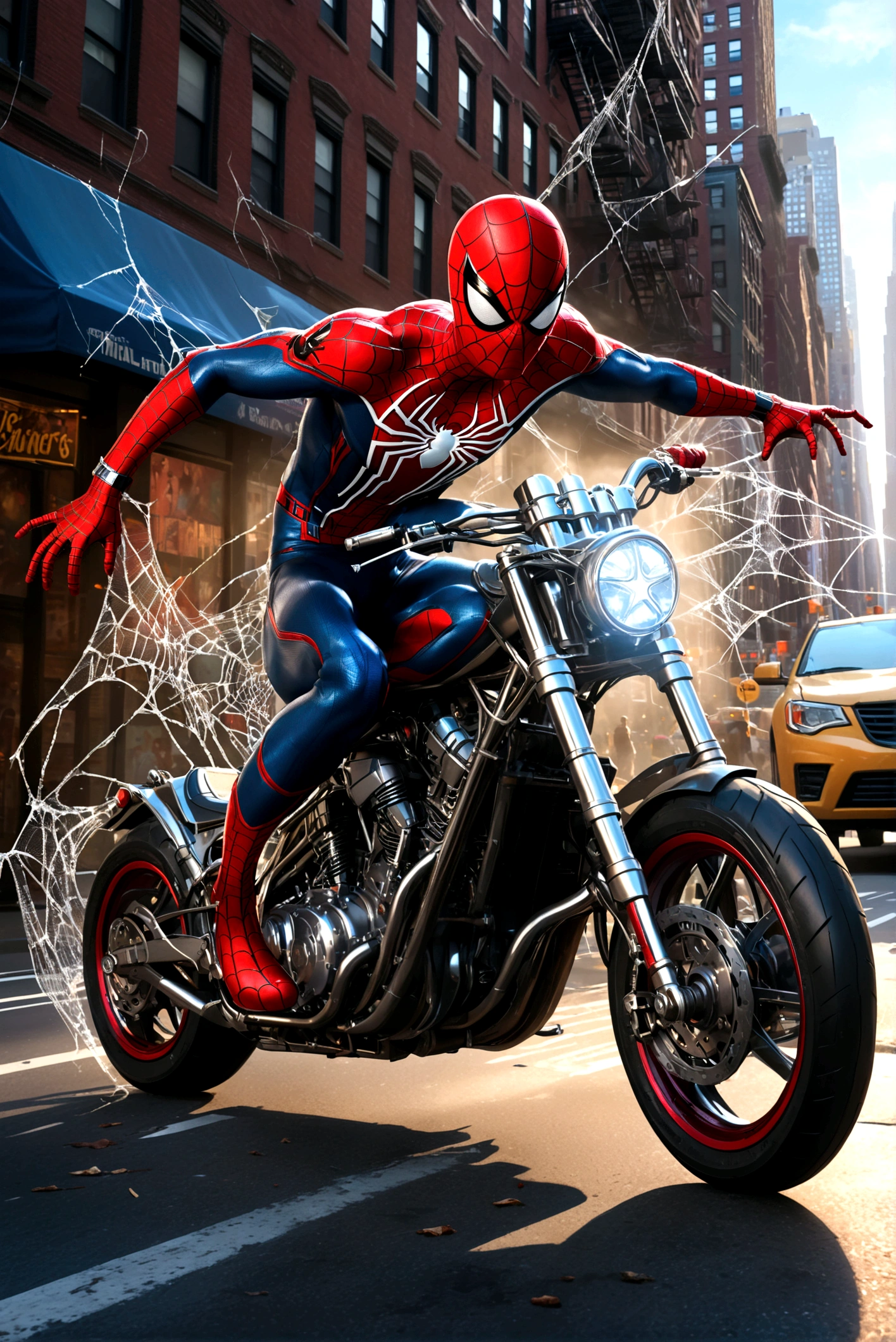 a detailed photo of spider-man riding a spider-man themed motorcycle on the streets of new york city, dynamic action pose, dramatic lighting, cinematic angle, highly detailed, intricate mechanical details, realistic rendering, digital art, concept art (Spiderwebs spell 'Spider Man' across the top of the picture in comic book style)