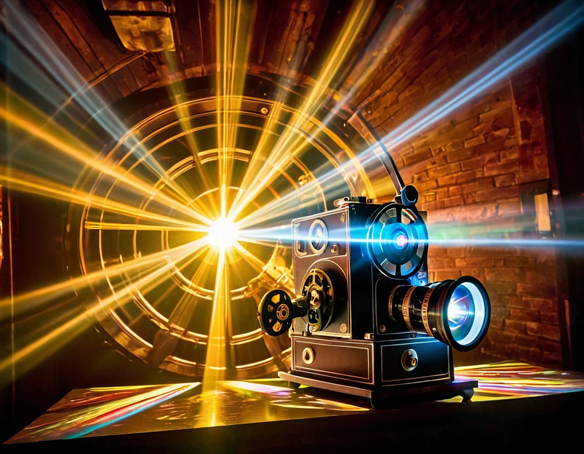 A captivating scene featuring a vintage film projector with large reels, projecting a colorful light beam. The beam is filled with images of actors and famous movie scenes, the images have faded edges, creating a dynamic and magical effect. The background is dark, enhancing the contrast and making the projector and light beam the focal point of the image. The overall atmosphere is nostalgic and mesmerizing, capturing the essence of classic cinema with a modern twist.